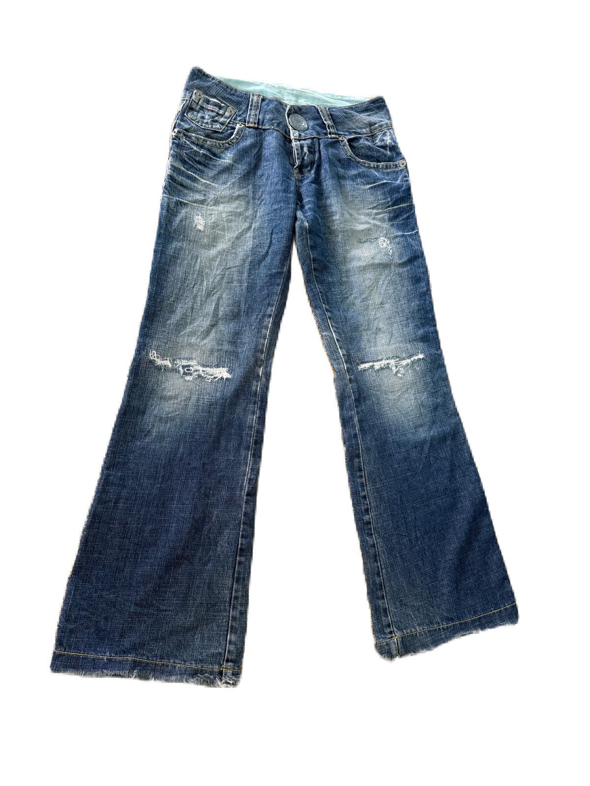 If Six Was Nine Super Flare Red Pepper Distress Denim Low Rise Size US 31 - 3 Thumbnail