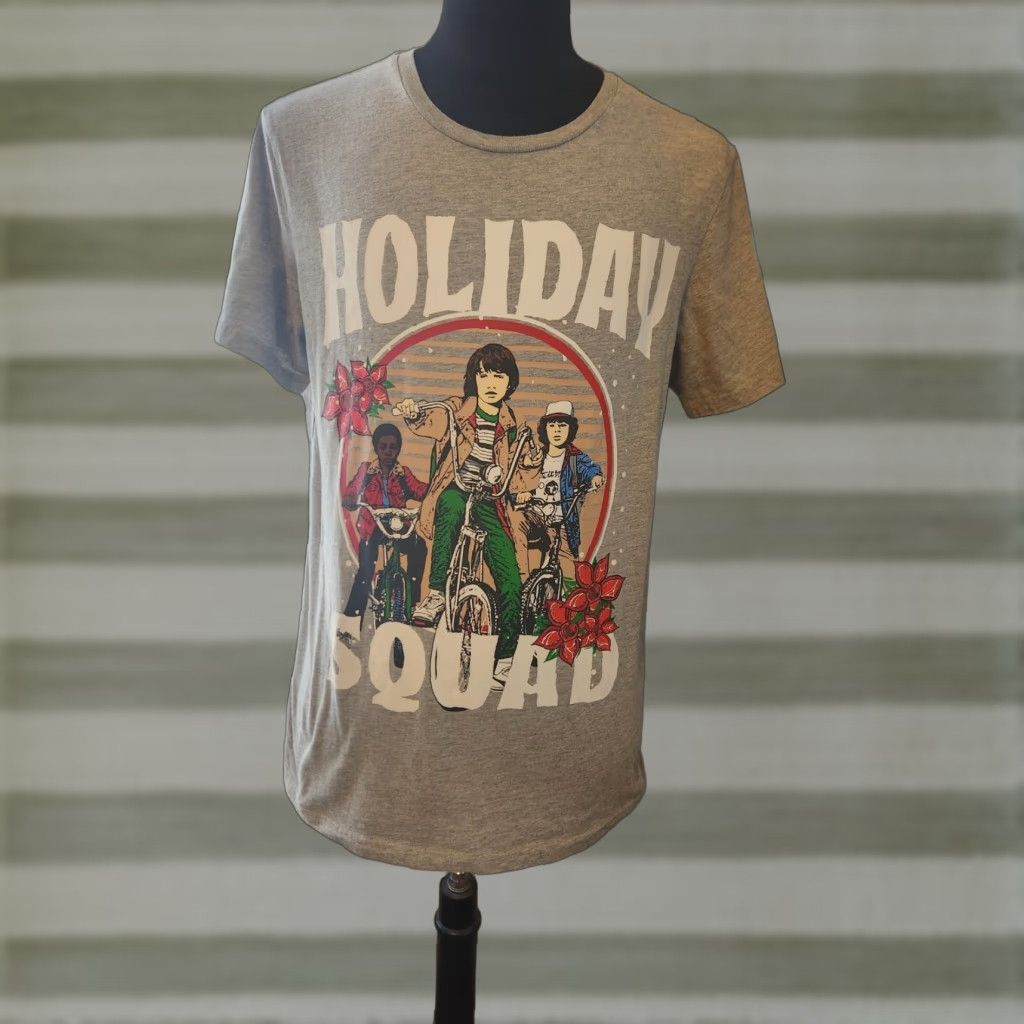 Vintage Netflix Stranger Things Men's T-Shirt Slim Casual Gray Christmas Graphic Crew Neck L Size US L / EU 52-54 / 3 - 1 Thumbnail