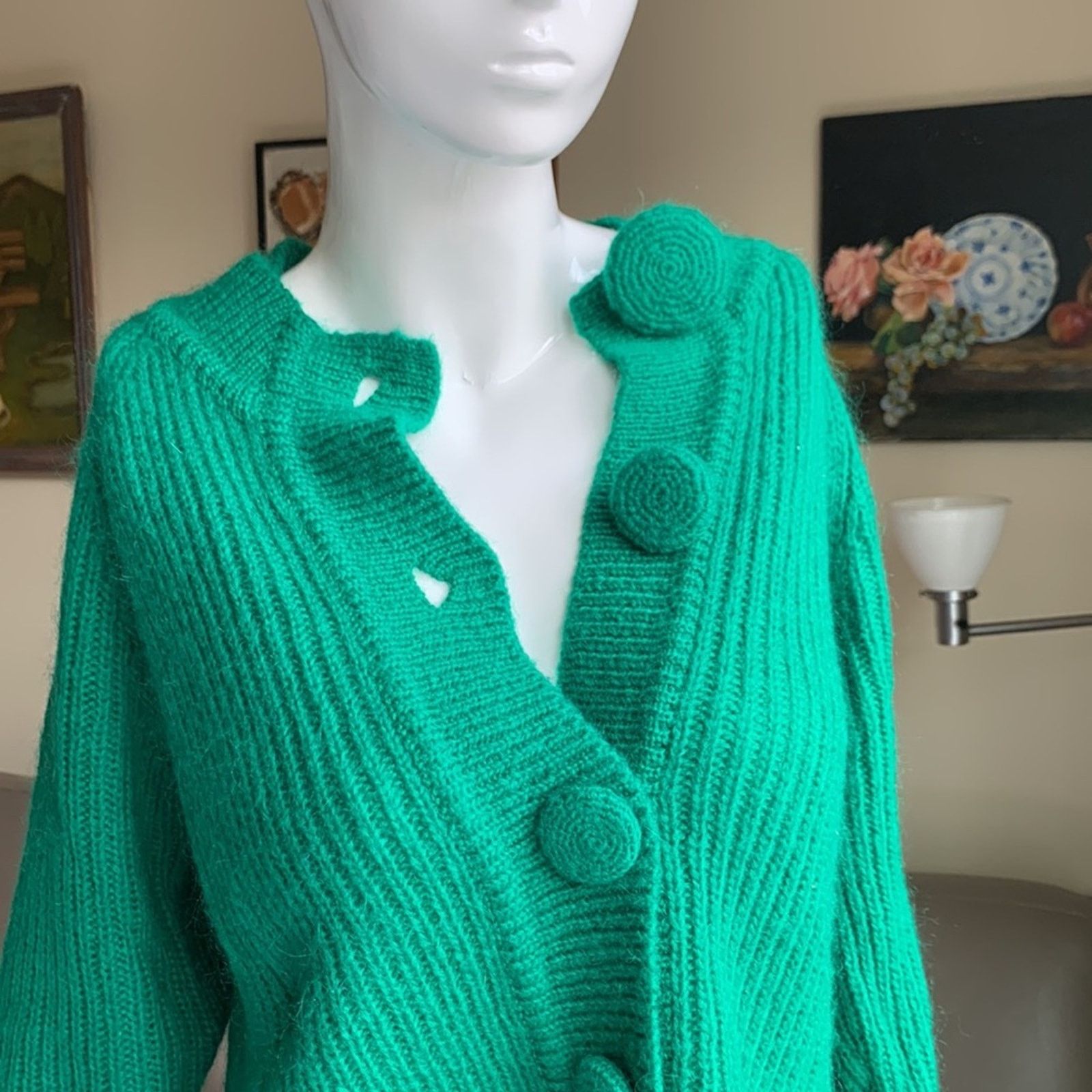 Vintage 80's green mohair blend green cardigan cropped oversized Size S / US 4 / IT 40 - 2 Thumbnail