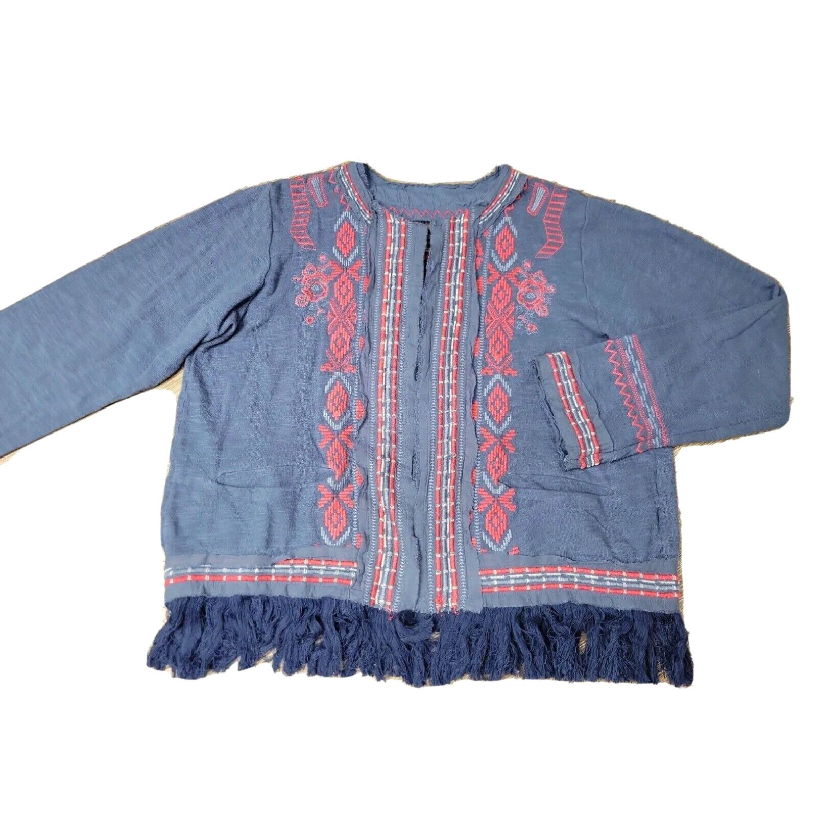 image of Johnny Was Jwla Biya Workshop Yatzil Fringe Jacket Blue Knit Embroidered XL in White, Women's