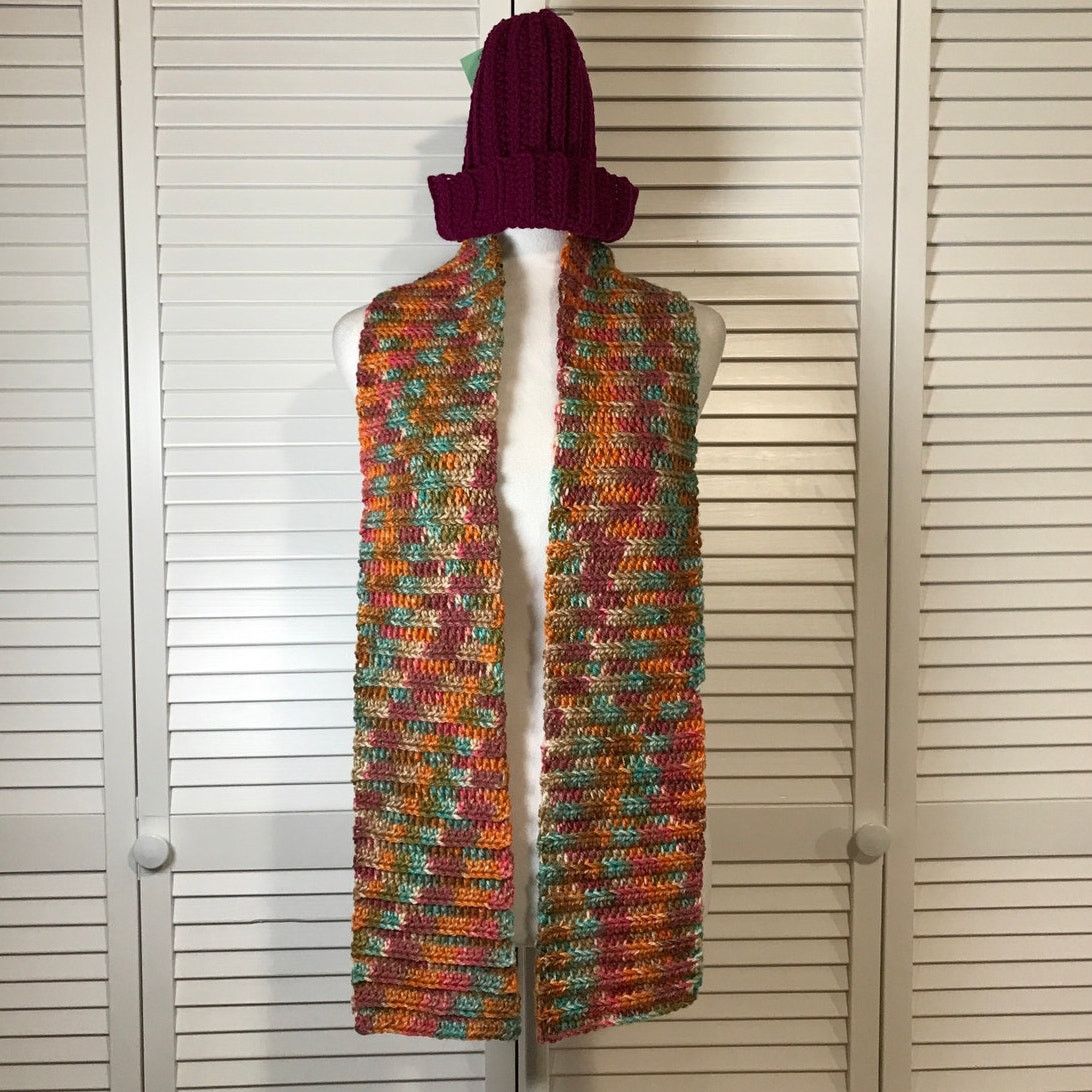 Handmade NWT Handmade Crocheted Multicolor Beanie & Scarf 60” Size ONE SIZE - 1 Thumbnail
