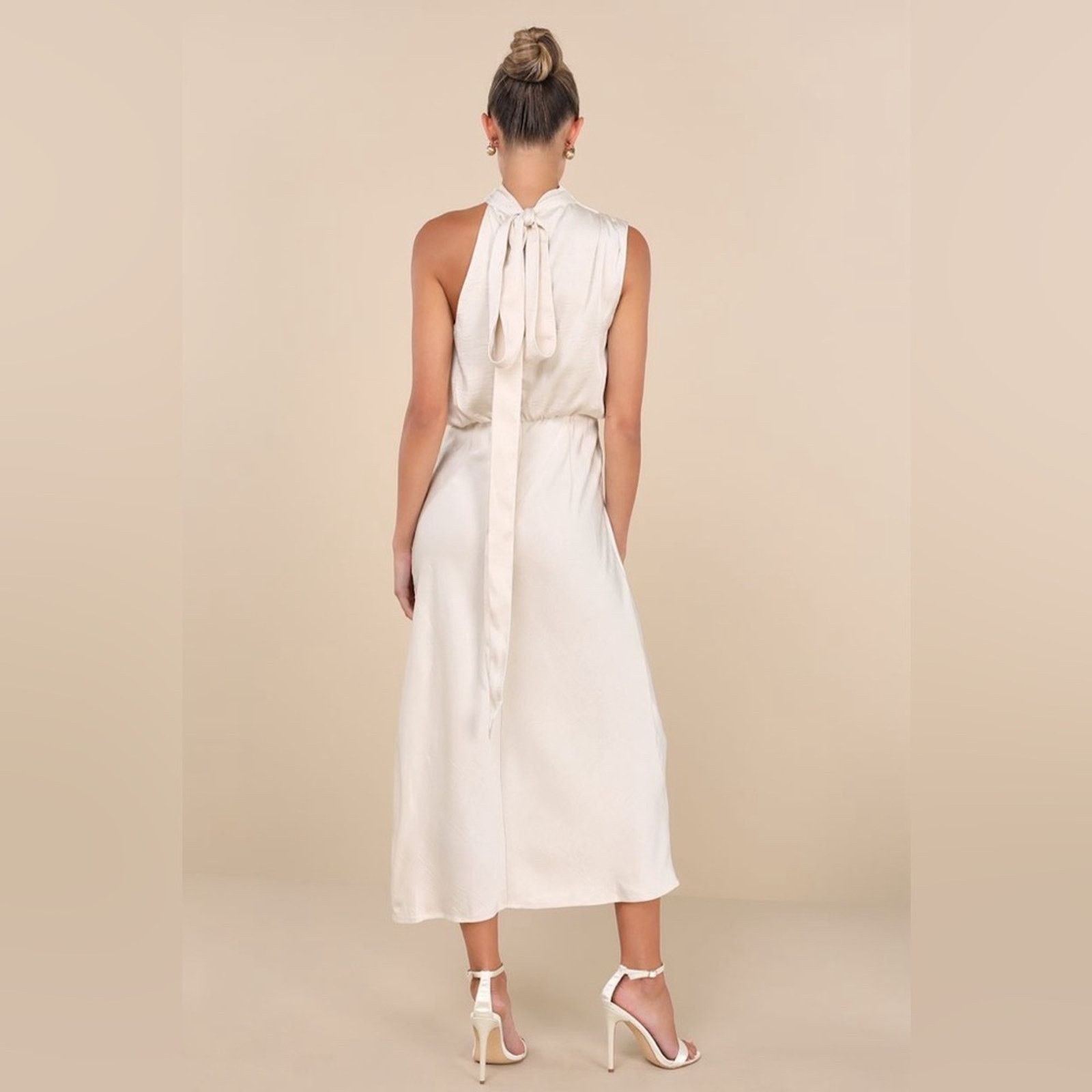 Other Lulu Greta Champagne Crinkle Satin Mock Neck Sleeveless Midi Size L / US 10 / IT 46 - 3 Thumbnail