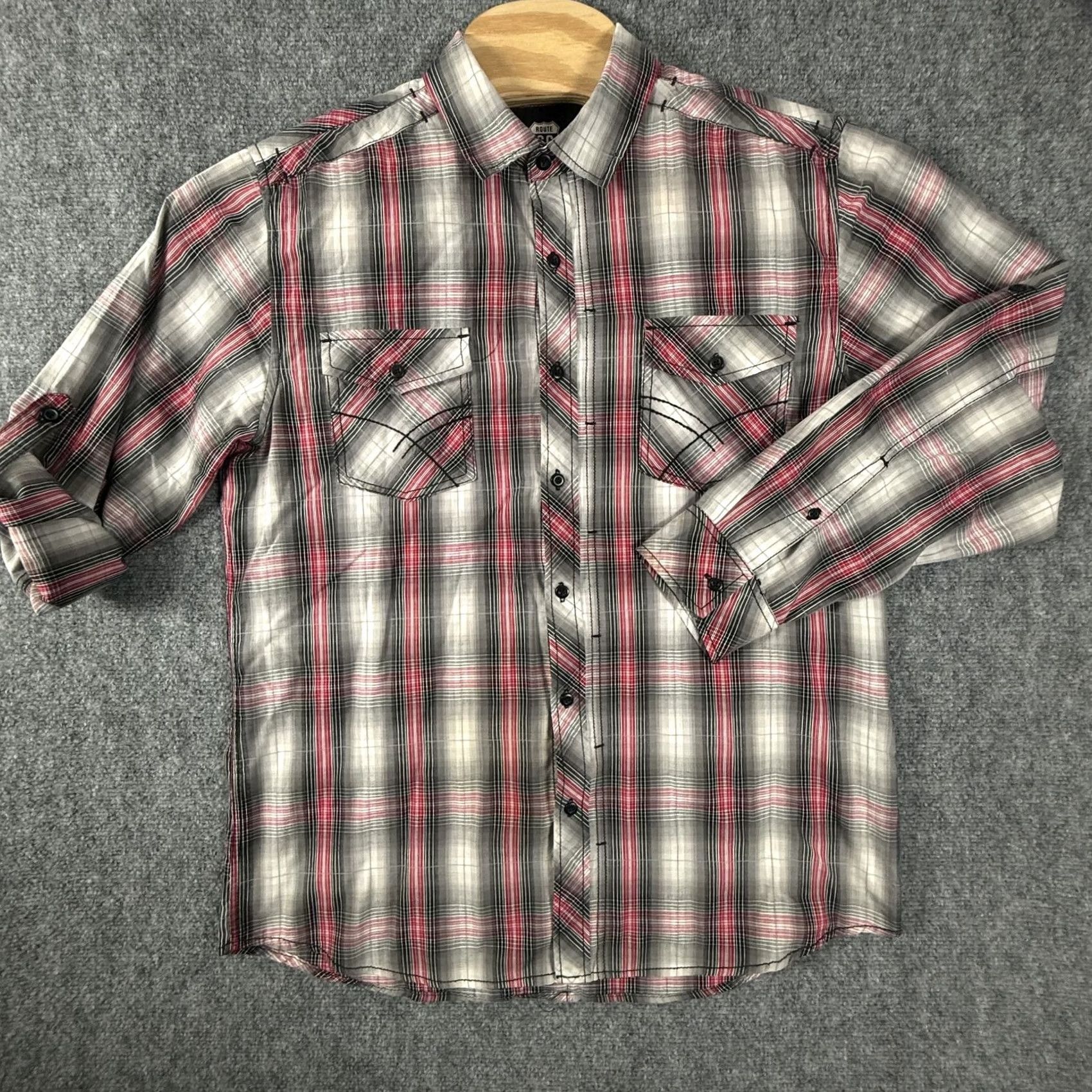 Route 66 Route 66 Shirt Mens Large Red Gray Plaid Pearl Snap Western Long Sleeve Pockets Size US L / EU 52-54 / 3 - 5 Thumbnail