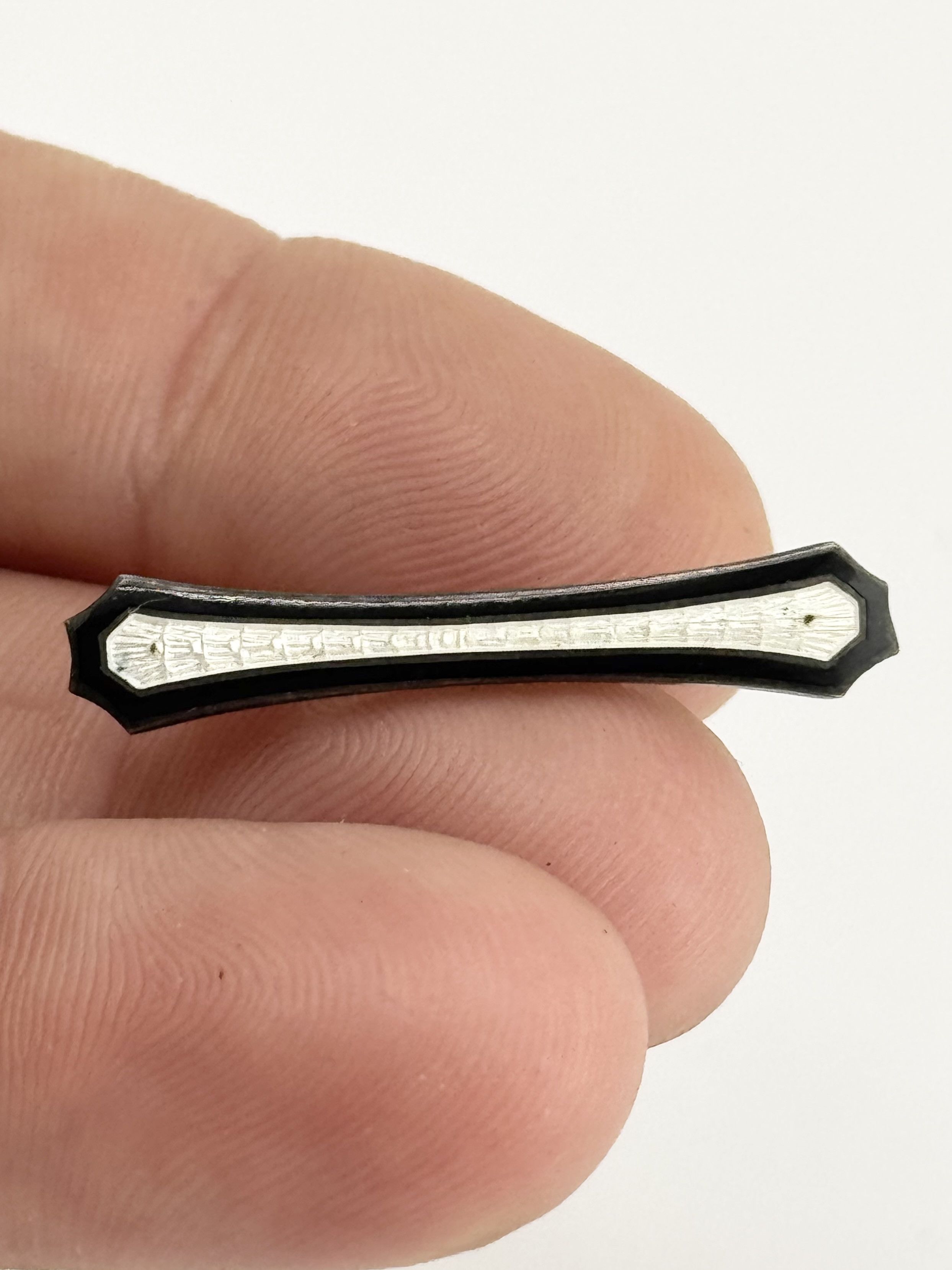 Vintage Estate Sterling guilloche enamel white black enamel bar pin Size ONE SIZE - 1 Thumbnail