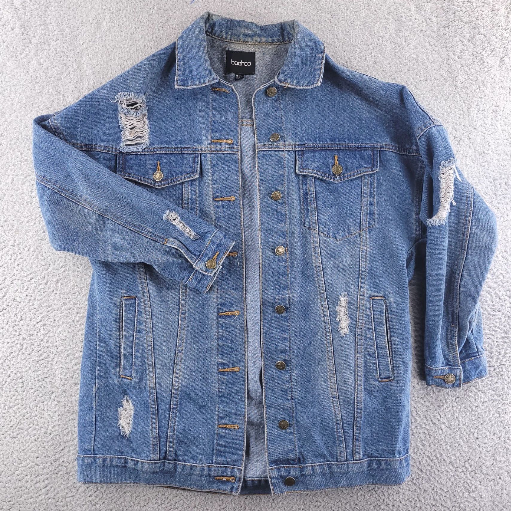 Boohoo Boohoo Denim Jacket Womens 12 Blue Distressed Grunge Long Jacket Cotton Denim Bomber Solid 12 Womens Size 34" / US 12 / IT 48 - 2 Thumbnail