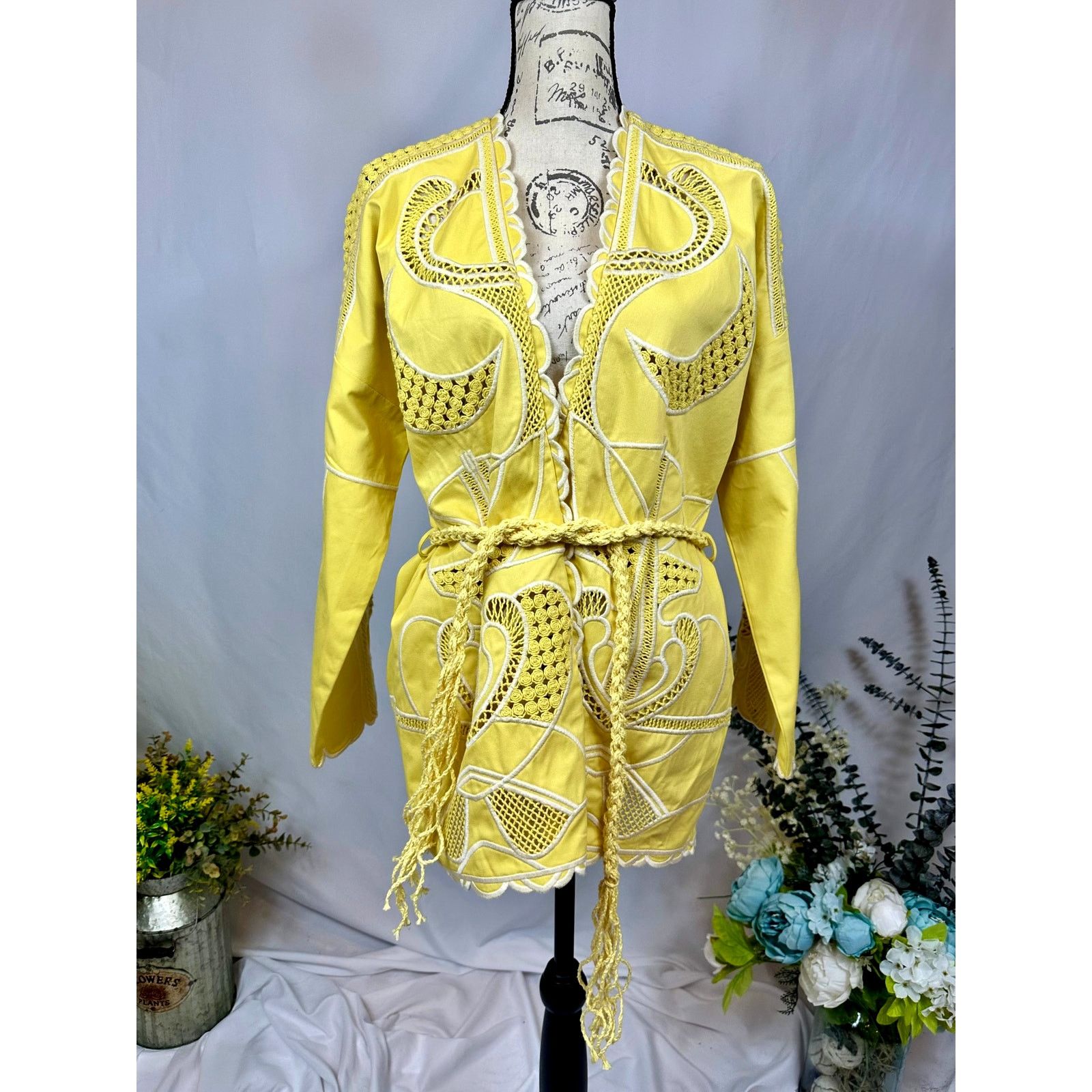 Maje Maje Crochet-Panel Cotton Jacket Belt Yellow size 40 (L) Size L / US 10 / IT 46 - 9 Thumbnail