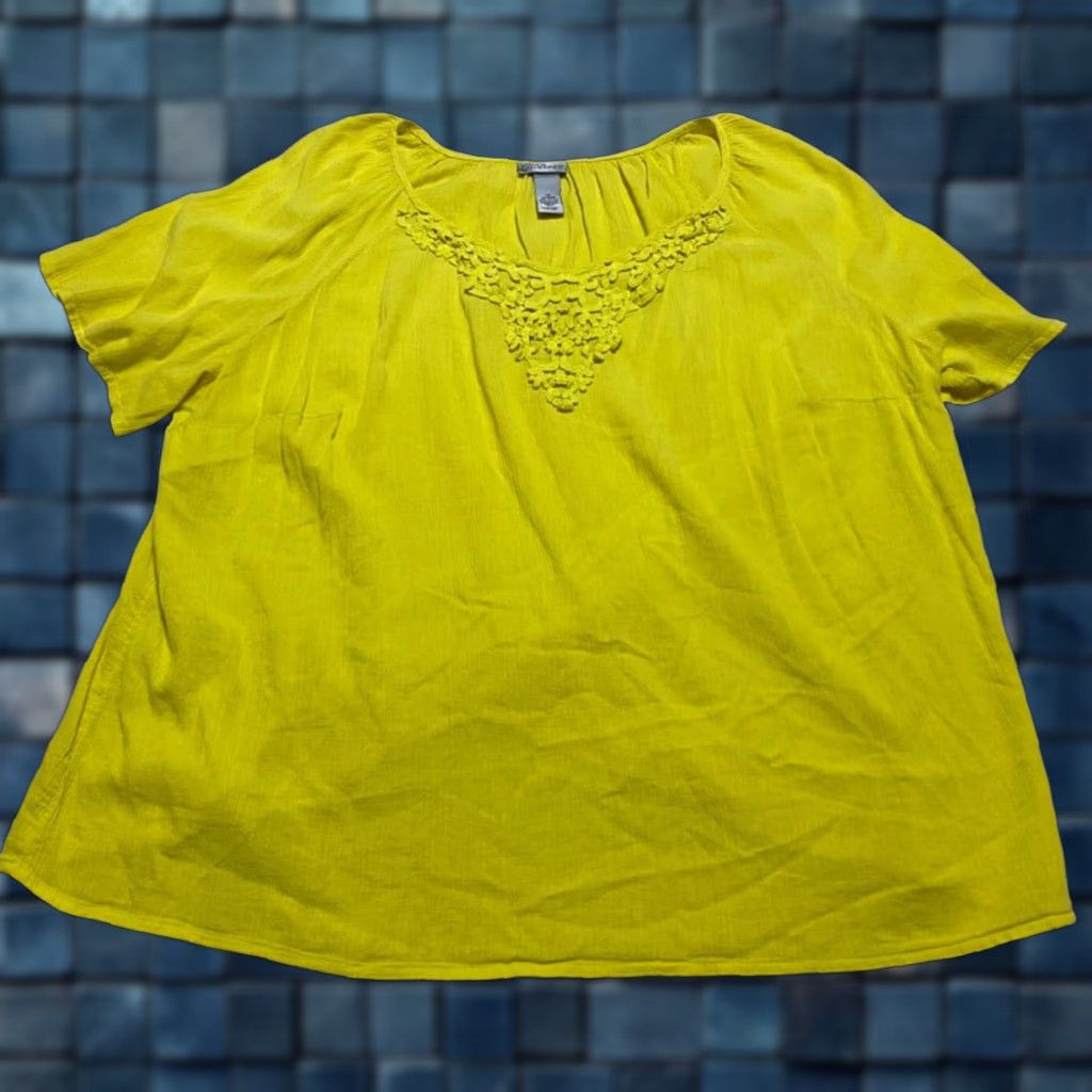 Vintage Catherines Women 1X Shirt Solid Yellow Short Sleeve V-Neck 100% Cotton Size XL / US 12-14 / IT 48-50 - 1 Thumbnail
