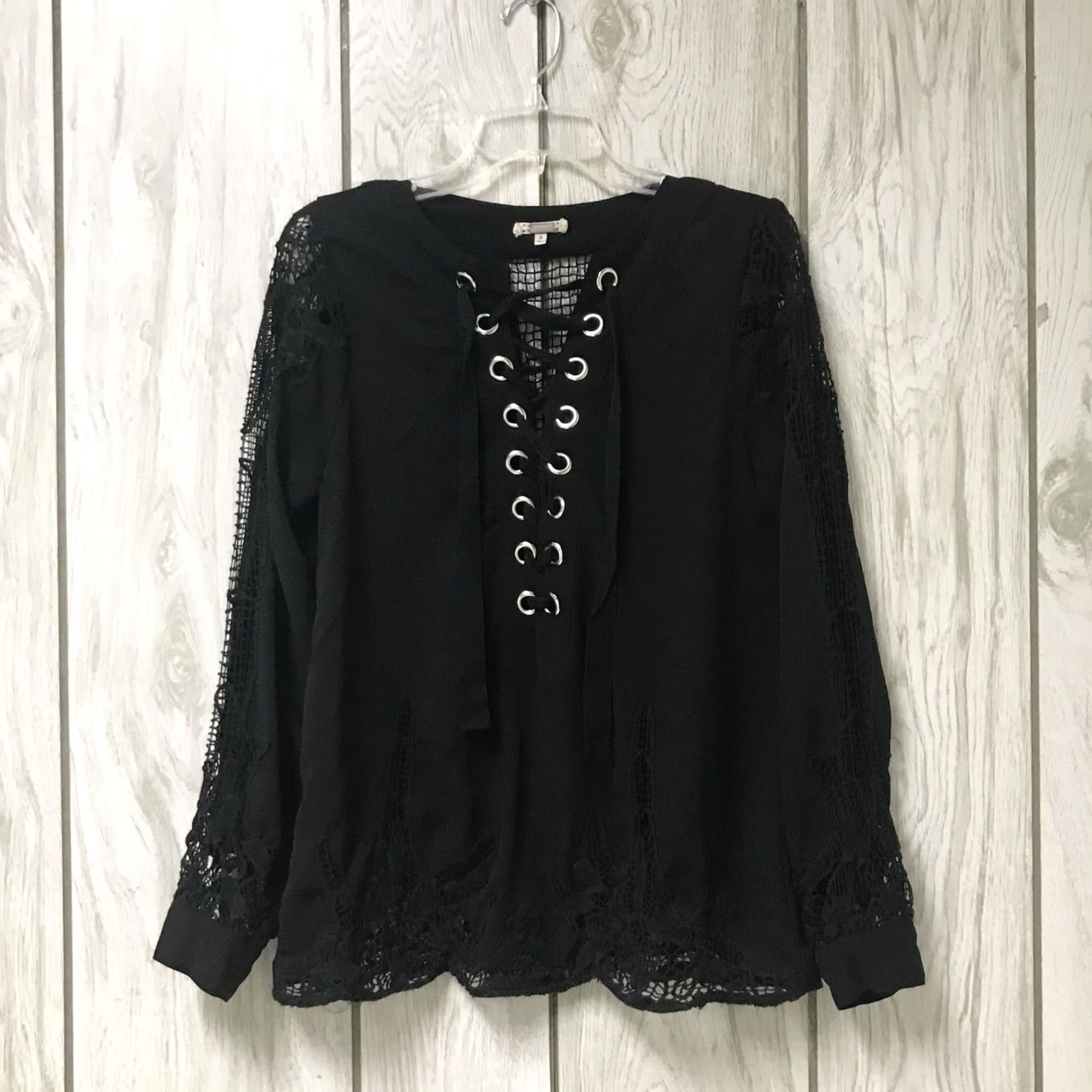 Vintage Gimmicks by BKE Buckle Women Black Gauze Crochet Lace-Up Long Sleeve Top Blouse S Size S / US 4 / IT 40 - 3 Thumbnail