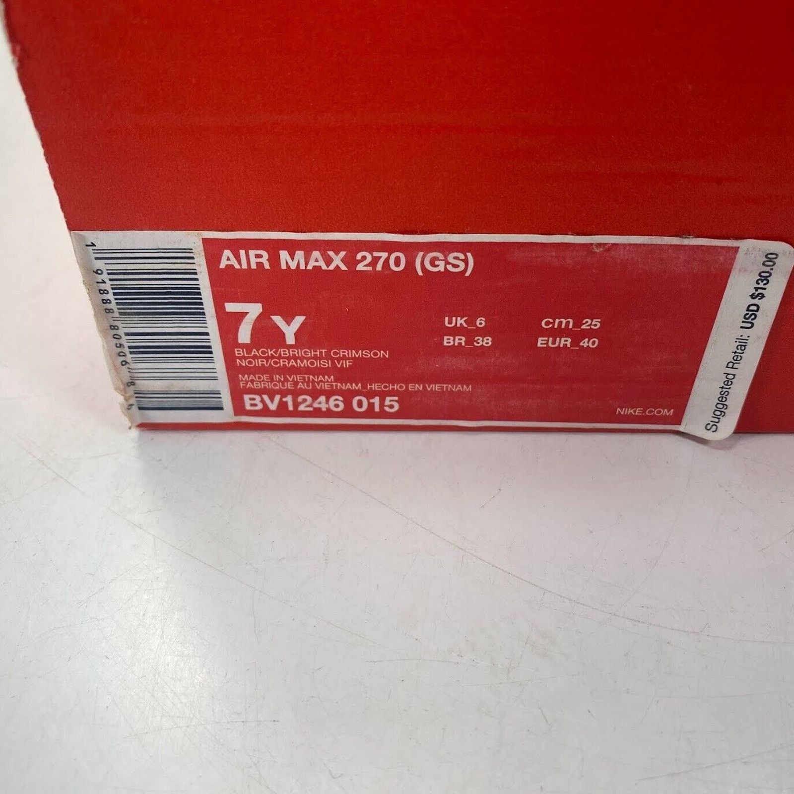 Nike NEW Nike Air Max 270 (GS) Black Crimson BV1246-015 NO LID Size US 7 / EU 40 - 9 Thumbnail