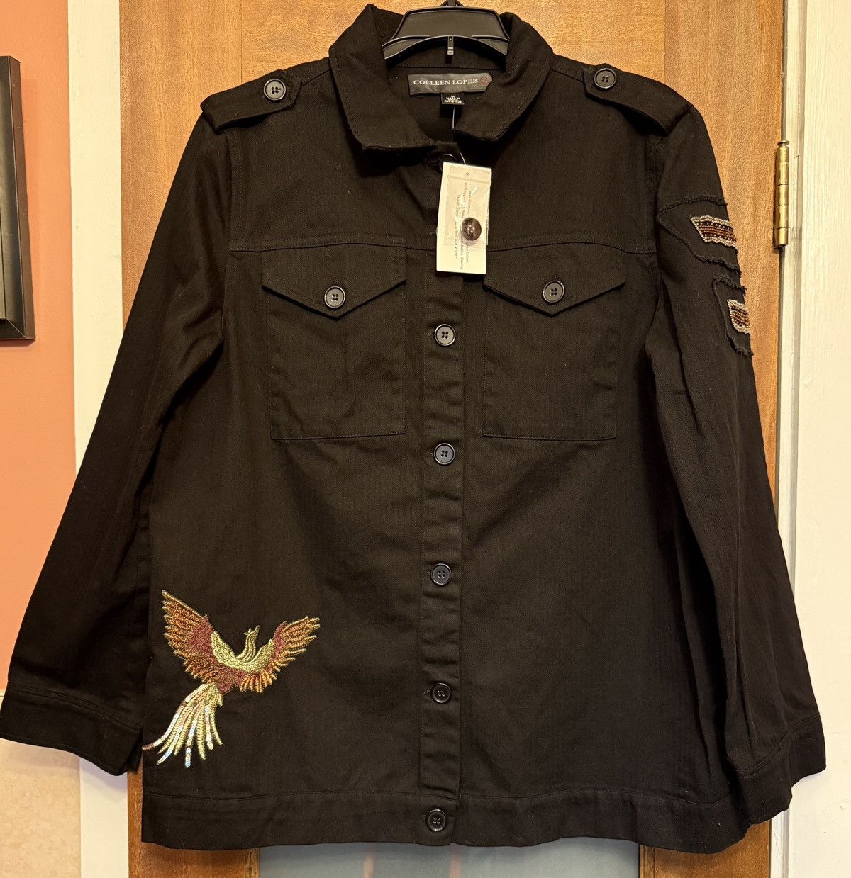 Other Colleen Lopez Black Beaded Embroidered Military Denim Jacket Size M / US 6-8 / IT 42-44 - 1 Thumbnail