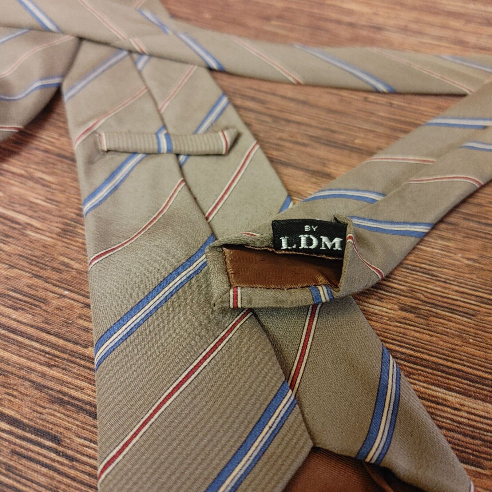 Other LDM Men's 100% Silk Beige/Blue Striped Neck Tie Size ONE SIZE - 2 Thumbnail