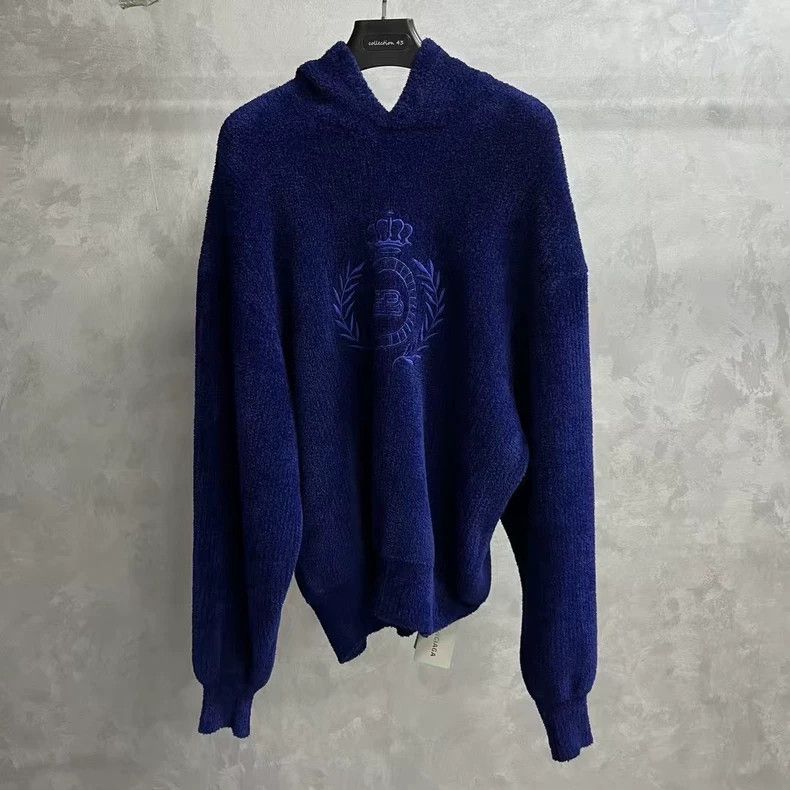 Balenciaga Balenciaga Navy Blue Fleece Embroidered Knit Hoodie Size US S / EU 44-46 / 1 - 1 Thumbnail