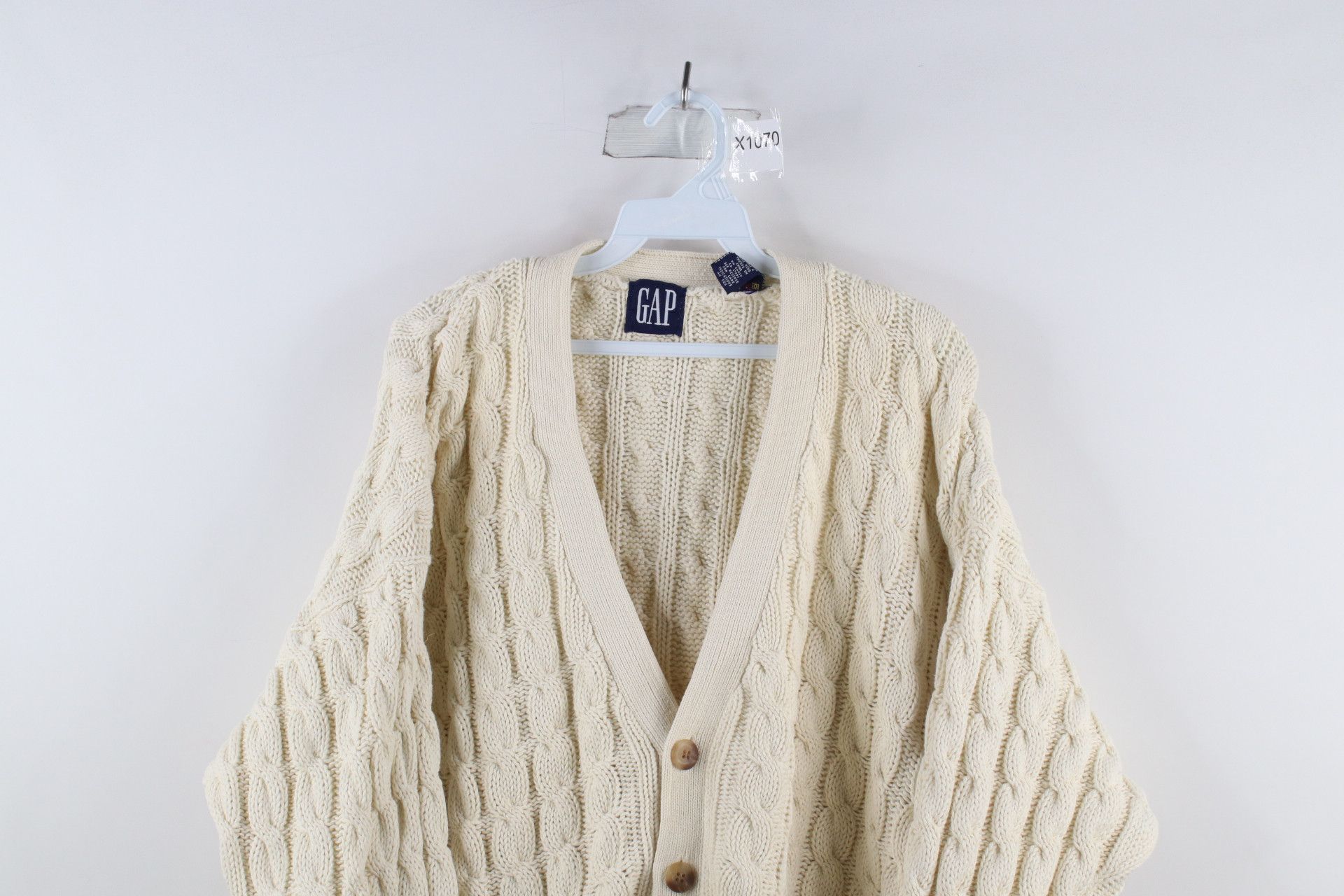 Gap × Vintage Vintage 90s Gap Chunky Cable Knit Cardigan Sweater Cream Size US L / EU 52-54 / 3 - 2 Thumbnail