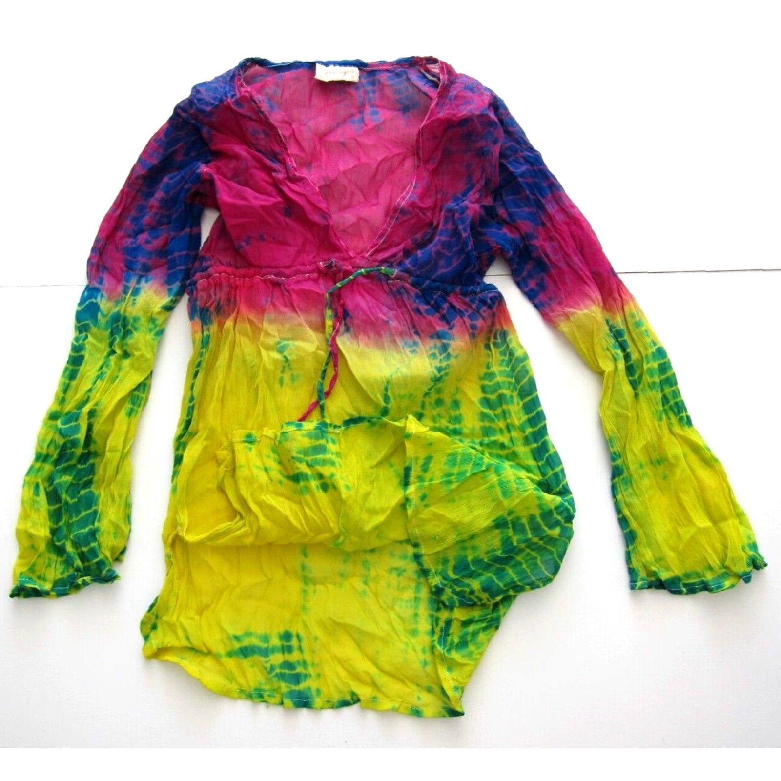 Pinko VINTAGE Bhag's Blouse Shirt Womens S-M Tie Dye Long Sleeve 100% Rayon Pink Yellow Green V-Neck Size S / US 4 / IT 40 - 5 Thumbnail