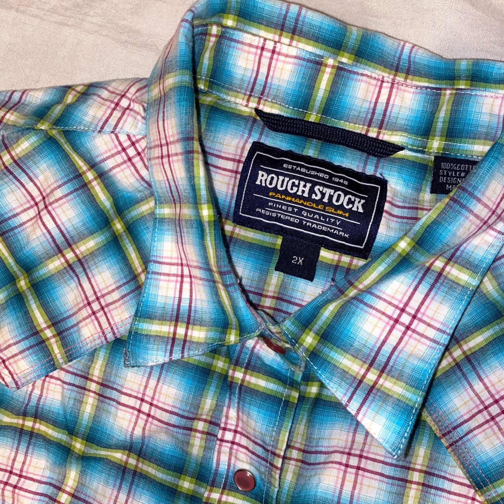 Vintage Rough Stock Panhandle Slim Button-Up Shirt - 2XL Women's Pink Plaid Long Sleeve, Casual Western, Cotton, Button, Knit, All Seasons, Easy Care Size XXL / US 16-18 / IT 52-54 - 2 Thumbnail