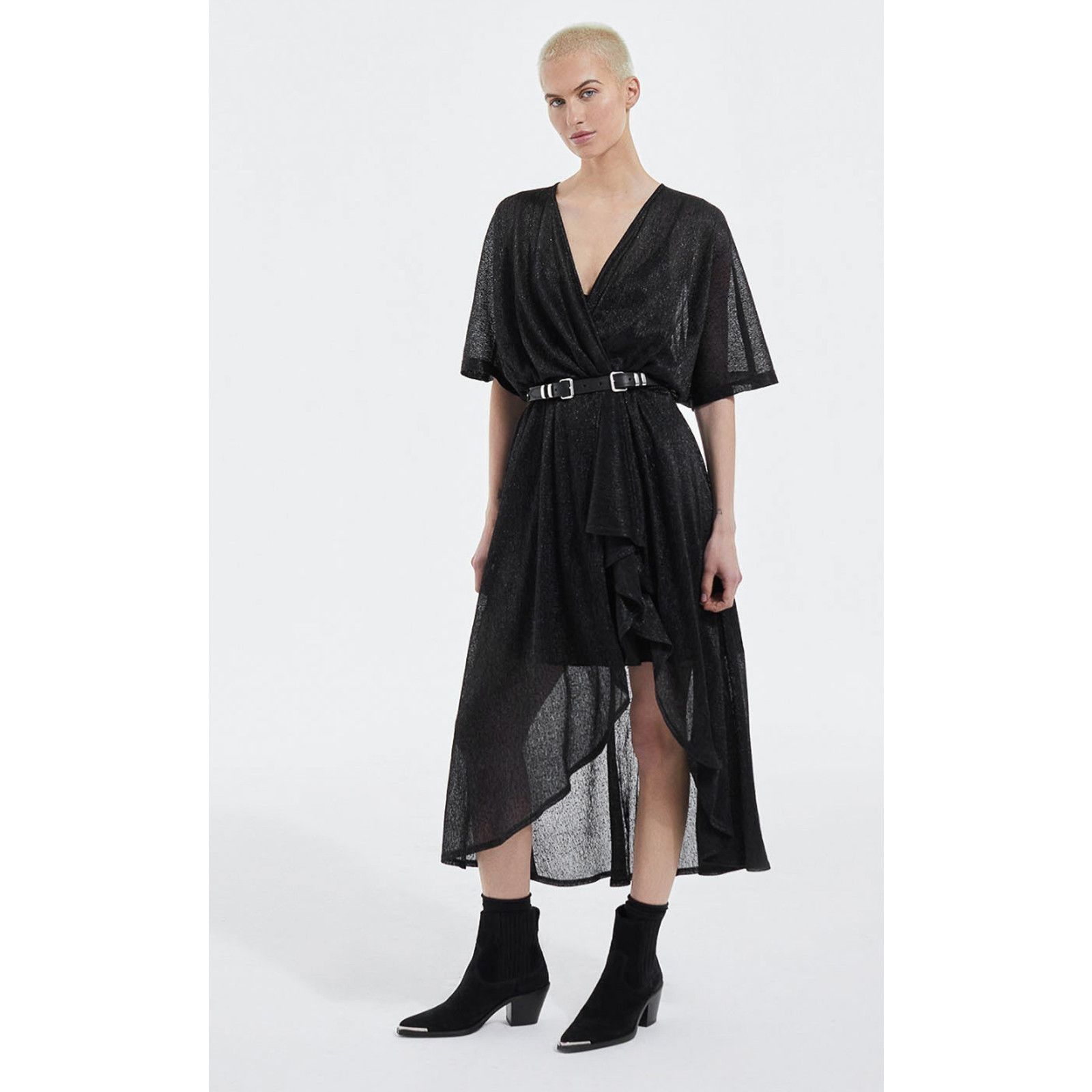 The Kooples The Kooples Sheer Metallic High Low Draped Midi Dress 1/S Size S / US 4 / IT 40 - 1 Thumbnail