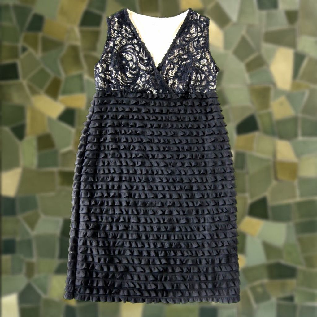 Ronni Nicole Black Lace Stretch V-Neck Sleeveless Layer Ruffle Sheath Dress  6