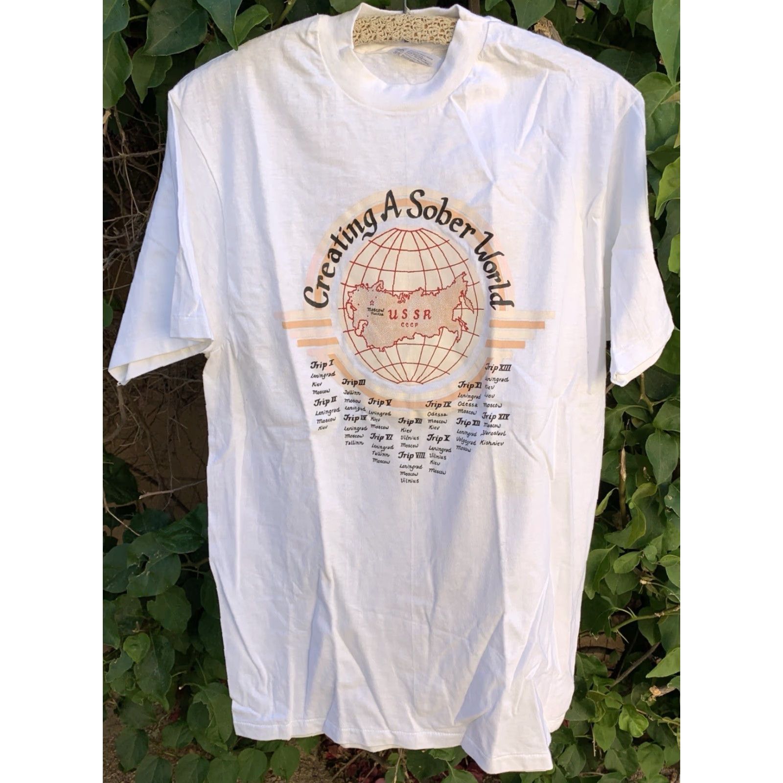 Hanes VINTAGE Creating A Sober World USSR CCCP T Shirt Single Stitch L Men White Cotton Hanes Beefy-T Size US L / EU 52-54 / 3 - 2 Thumbnail