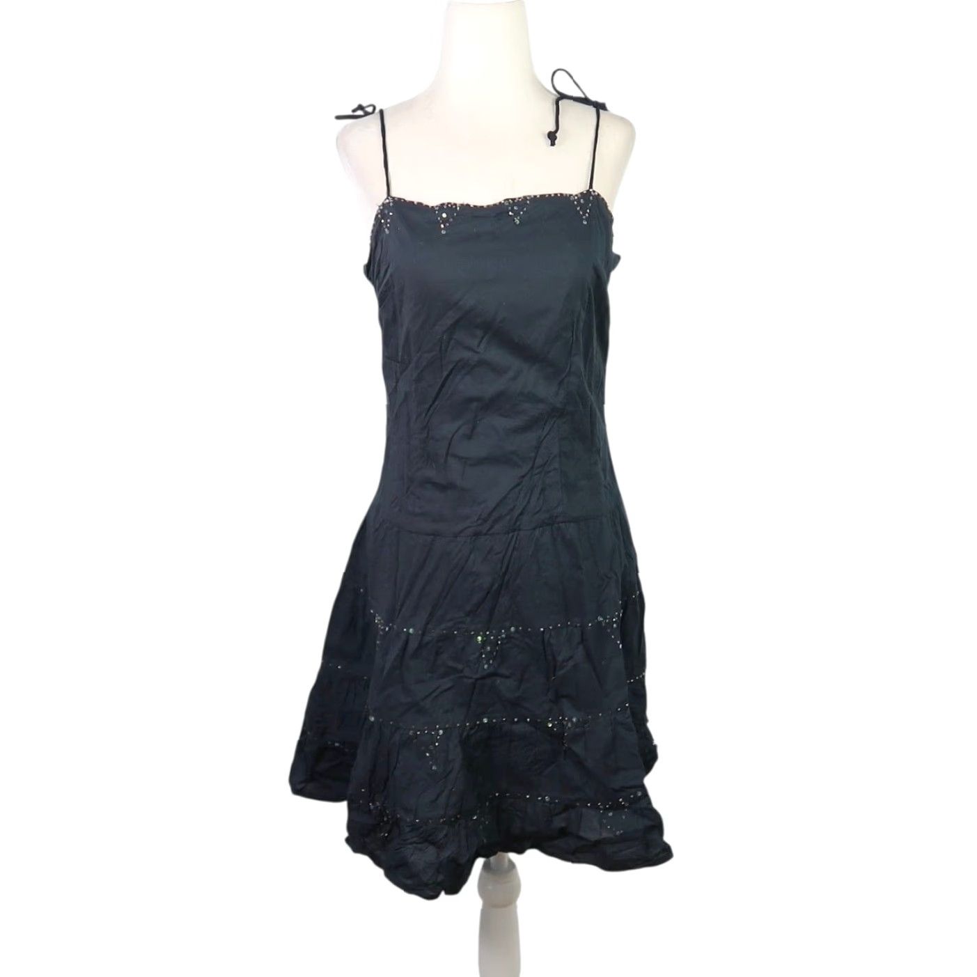 Vintage VINTAGE My Michelle Black Cotton Beaded Tiered Mini Dress 90s Bohemian Hippie Western Womens Small Short Sleeveless Beaded Zip Spring Summer Size S / US 4 / IT 40 - 2 Thumbnail