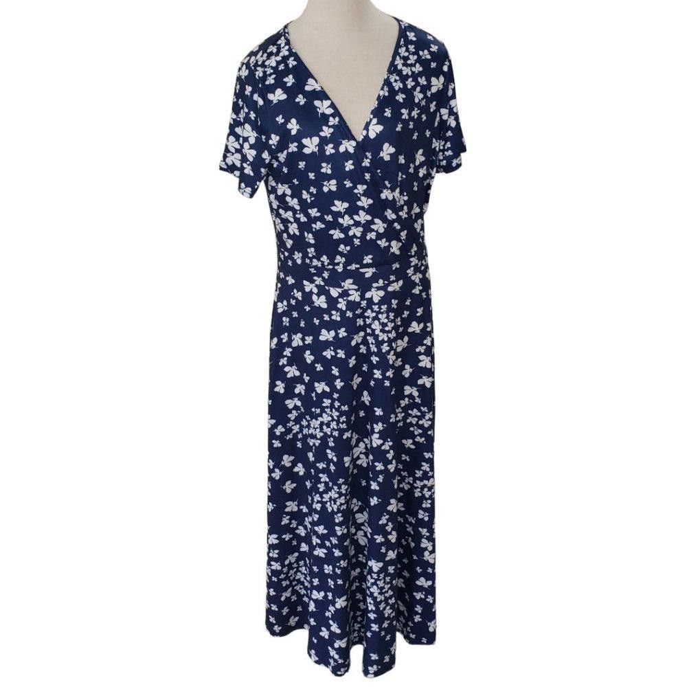 Designer CT508 Huhot Navy & White Floral Fake Wrap Dress XL Size XL / US 12-14 / IT 48-50 - 1 Thumbnail