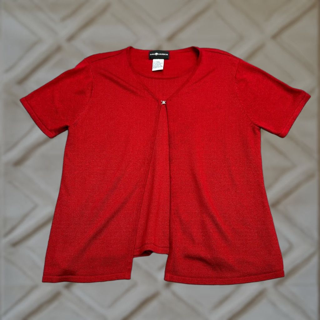 Vintage Sag Harbor Red Short Sleeve Sweater Blouse Womens L Cardigan Knit Casual Work Size L / US 10 / IT 46 - 1 Thumbnail