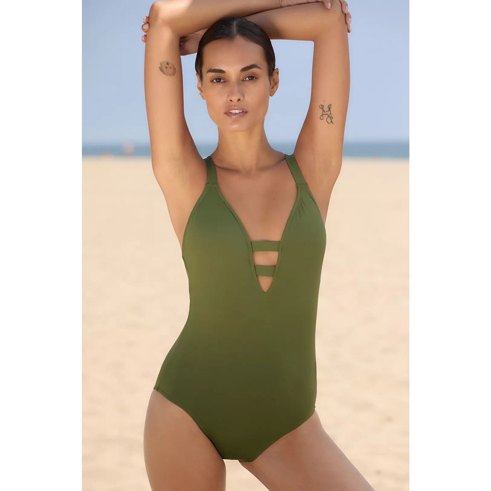 New Seafolly Active V-Neck One-Piece Swimsuit $168 Sz8 Green