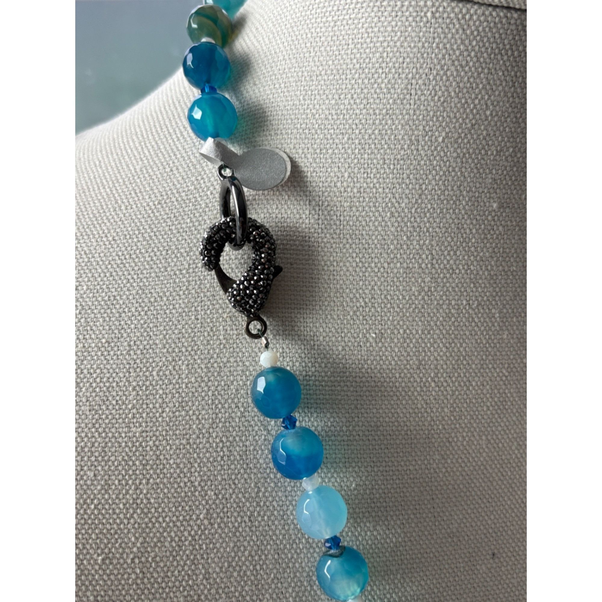 Other Blue Agate Beaded Necklace With Black Crystal Clasp & Decora Size ONE SIZE - 4 Thumbnail