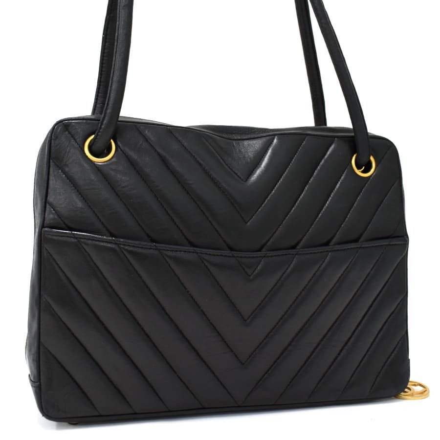image of Gucci Chanel Shoulder Bag Chevron Stitch Coco Mark Leather Black, Women's