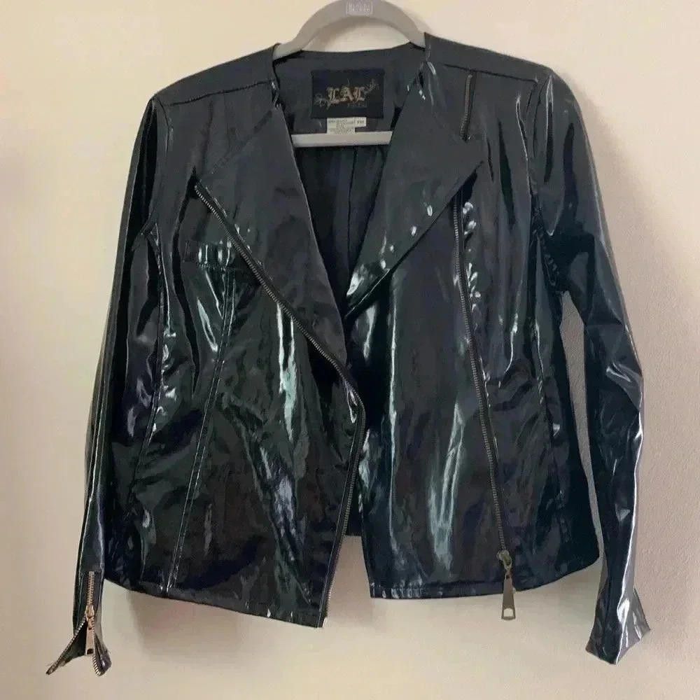 Designer LAL Live a Little Black Shiny Moto Jacket Size M / US 6-8 / IT 42-44 - 2 Thumbnail
