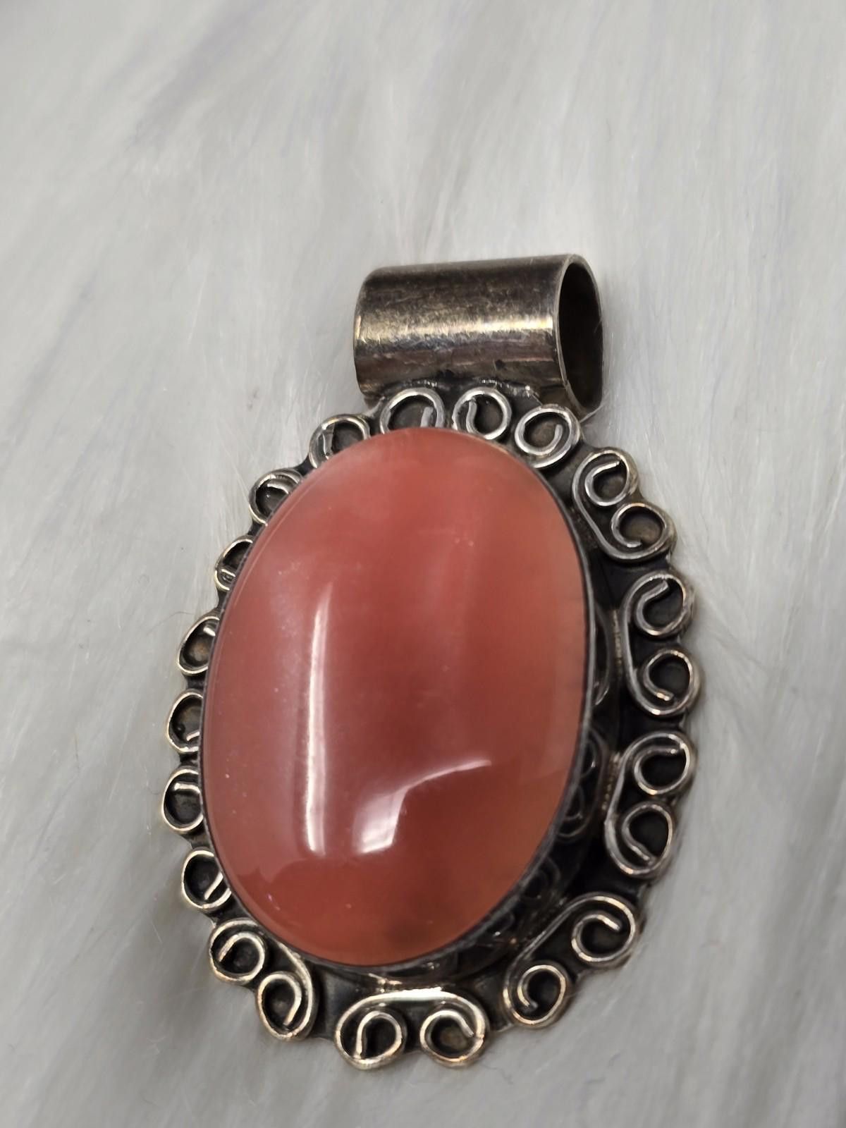Other Vintage Taxco Sterling Silver Pendant Coral Cabochon Large Size ONE SIZE - 3 Thumbnail