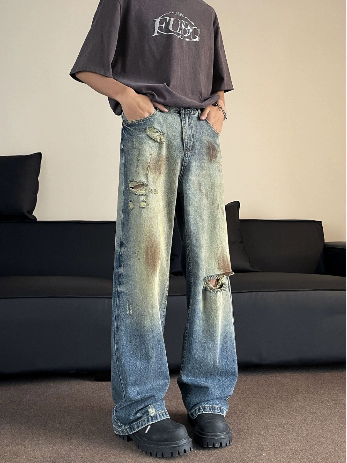 Japanese Brand Men's vintage tie-dye distressed washed loose ripped jeans Size US 32 / EU 48 - 3 Thumbnail