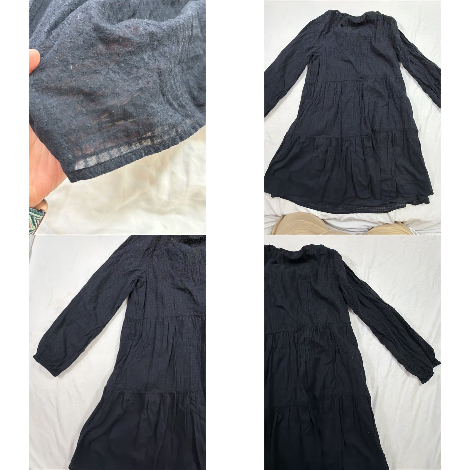 Gap VINTAGE Gap Women’s Medium Tall Tie Front Tiered Mini Dress Black Long Sleeve Cotton Size M / US 6-8 / IT 42-44 - 9 Thumbnail