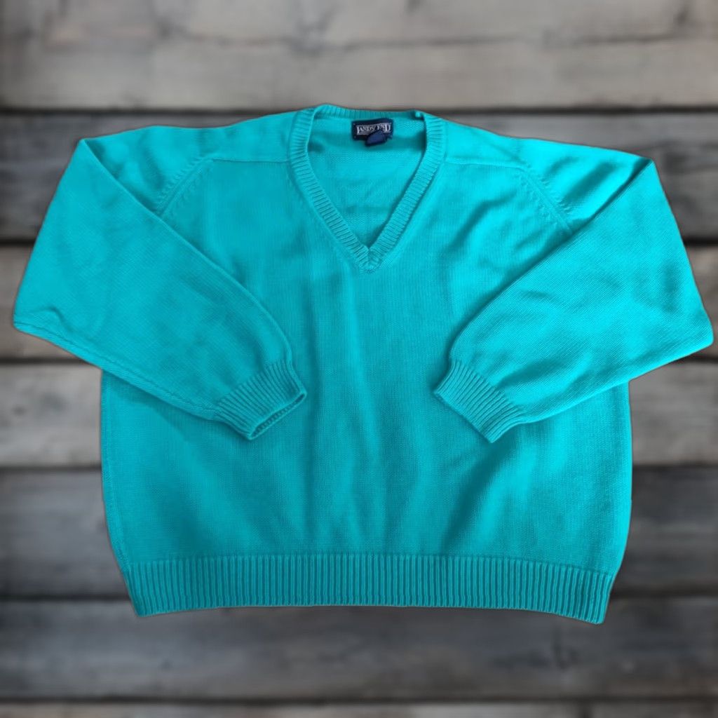 Lands' End VINTAGE Lands' End Women's Sweater Pullover V-Neck Blue 100% Cotton Fall Winter Spring Casual Size L / US 10 / IT 46 - 1 Thumbnail