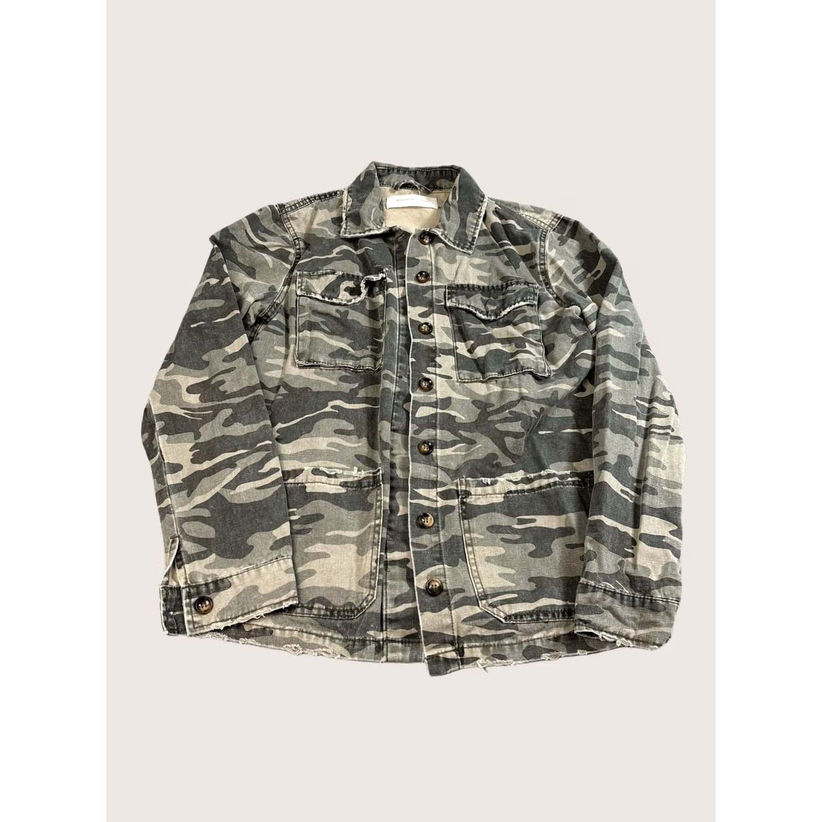 Vintage Mustard Seed Jacket Womens Small Camouflage Button Utility Distressed Chore Barn Military Jacket Pockets Collared Lightweight Fall Spring Size S / US 4 / IT 40 - 1 Thumbnail
