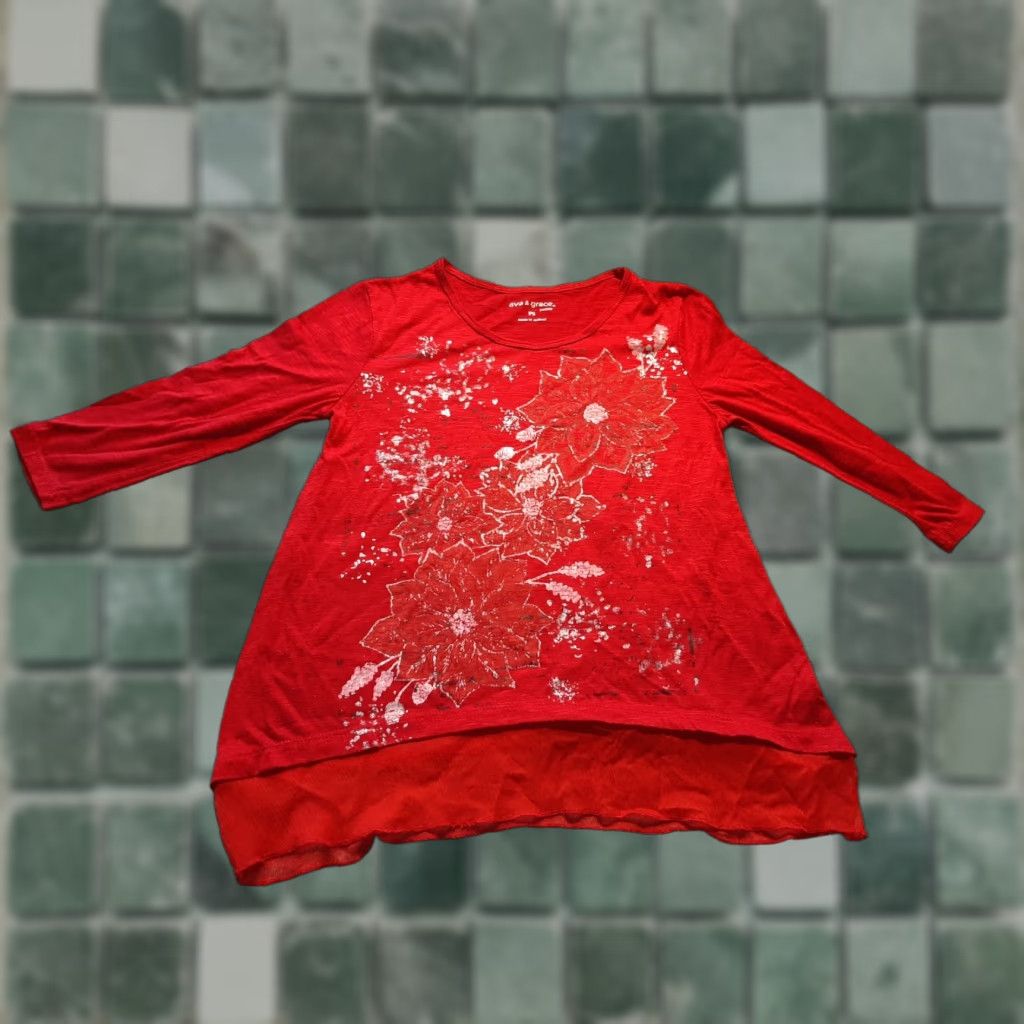 Vintage AVA & Grace 3/4 Sleeve Womens P S Petite Small Floral Top Red Size S / US 4 / IT 40 - 1 Thumbnail