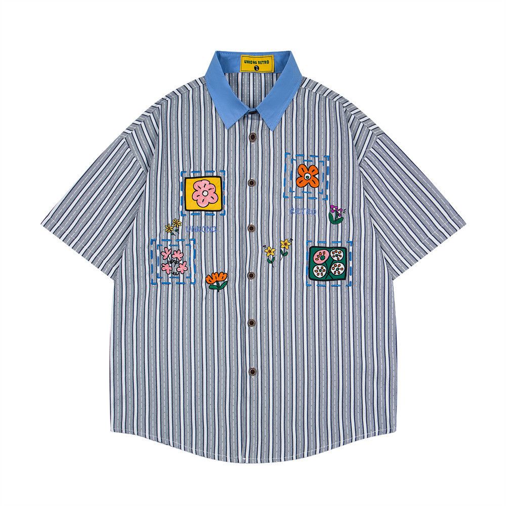Japanese Brand Fun Cartoon Embroidered Striped Short-Sleeve Shirt Size US M / EU 48-50 / 2 - 1 Thumbnail