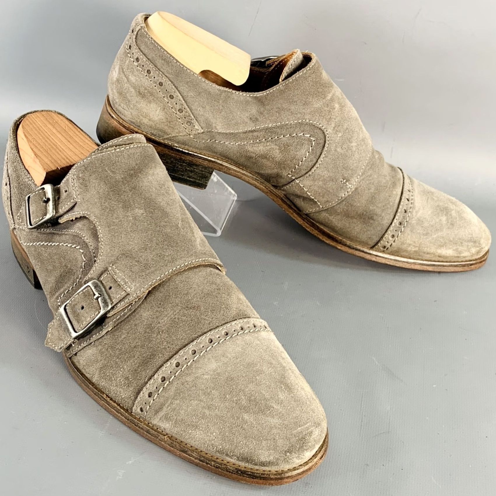 John Varvatos JOHN VARVATOS Size 9.5 Grey Suede Perforated Double Monk Strap Loafers Size US 10 / EU 43 - 2 Thumbnail
