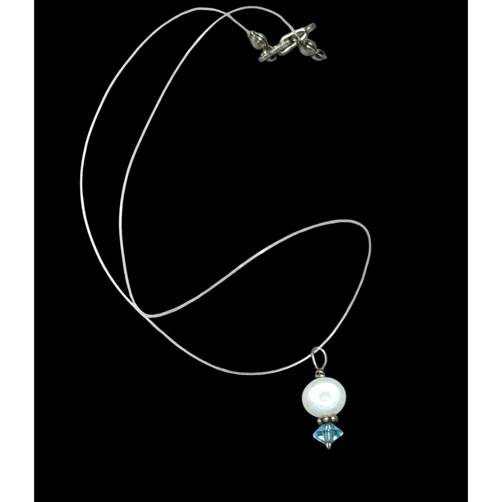 Other Dainty Pearl & Blue Crystal Pendant On Clear Wire Necklace W Size ONE SIZE - 1 Thumbnail