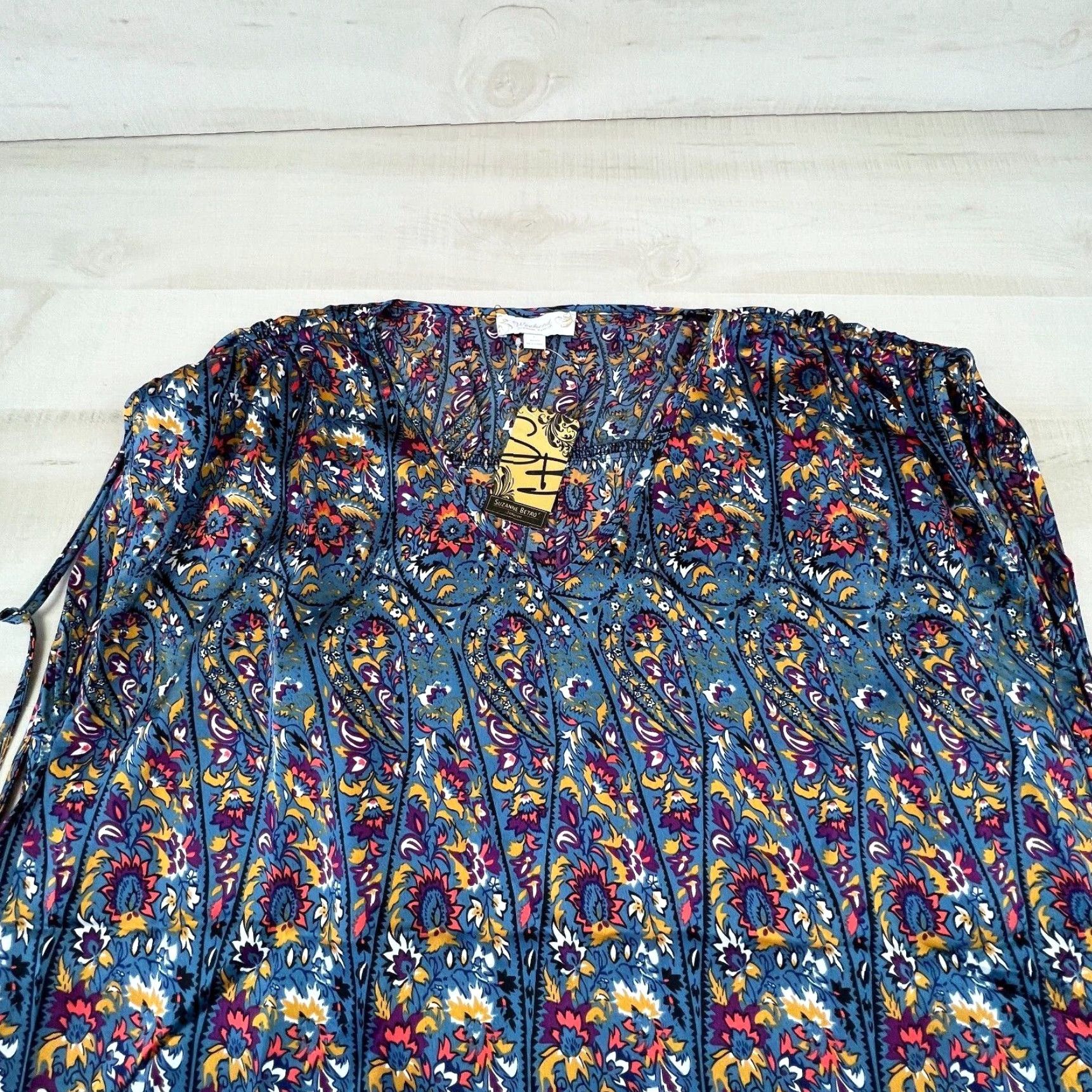 Vintage Weekend Suzanne Betro Women Large Blue Paisley Tie Shoulder Blouse Shirt Size L / US 10 / IT 46 - 2 Thumbnail