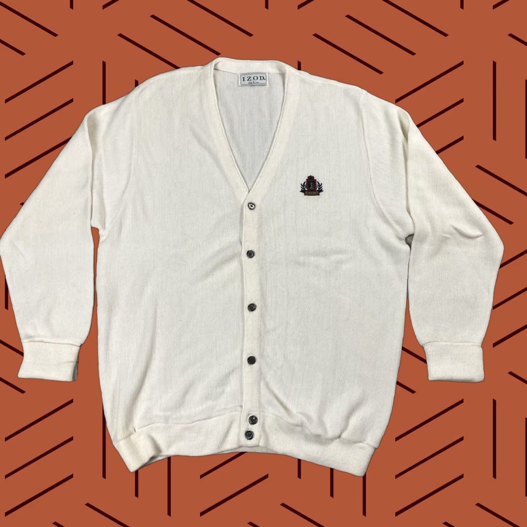 Izod VINTAGE IZOD Cardigan Sweater White Mens L Regular 80s USA Logo Knit 100% Acrylic Front-Logo Knitwear Size US L / EU 52-54 / 3 - 1 Thumbnail