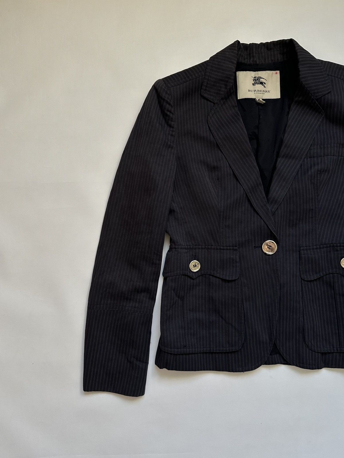 Burberry-Vintage Navy Gray Blazer Jacket-Shiny Silver