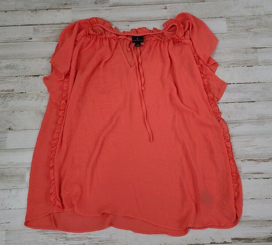 Designer Worthington Blouse Medium Coral V Neck Cap Sleeve Ruffle Size M / US 6-8 / IT 42-44 - 1 Thumbnail