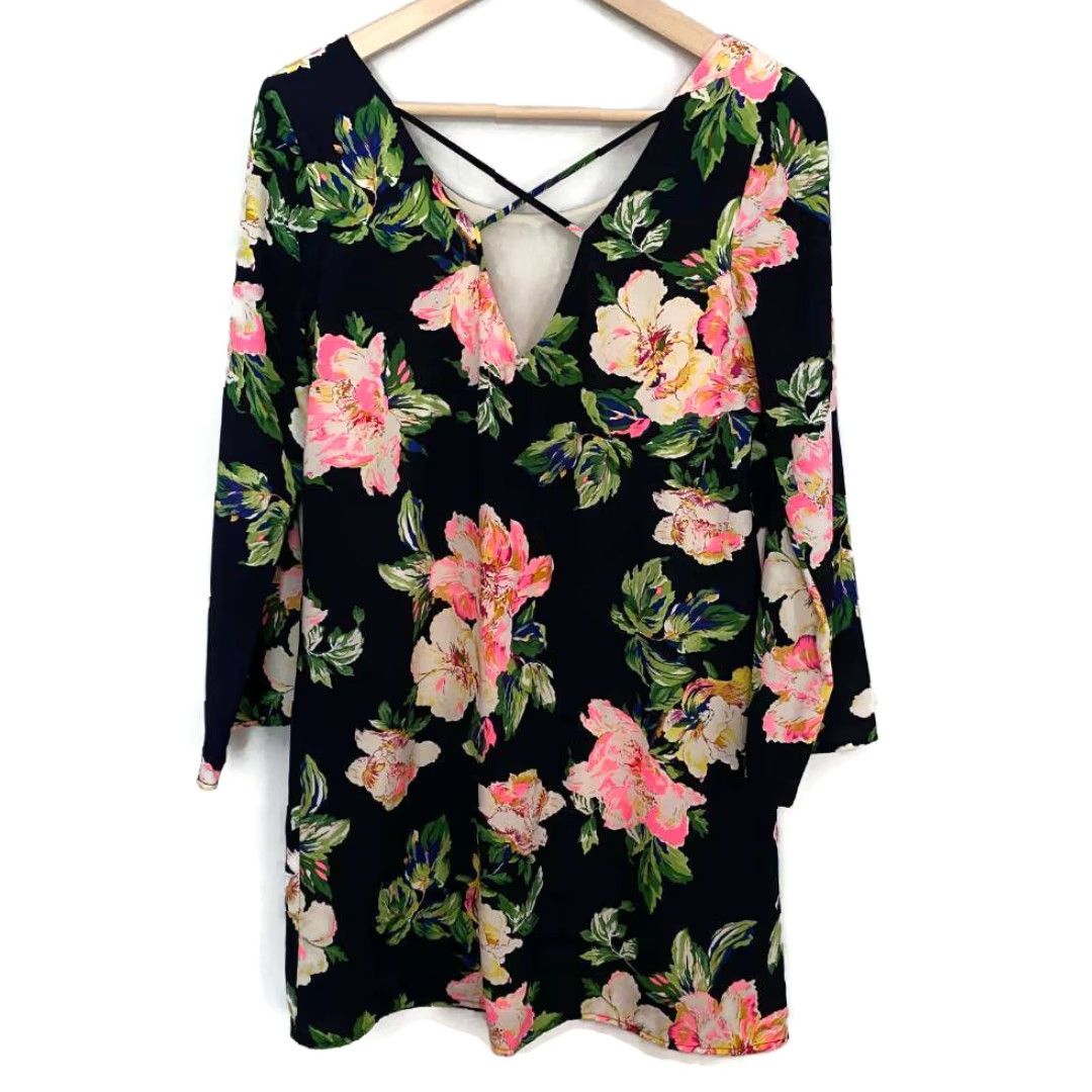 Vintage VINTAGE Newbury Kustom Womens Shift Dress Black Floral Mini Scoop Neck Long Sleeve USA S Size S / US 4 / IT 40 - 2 Thumbnail
