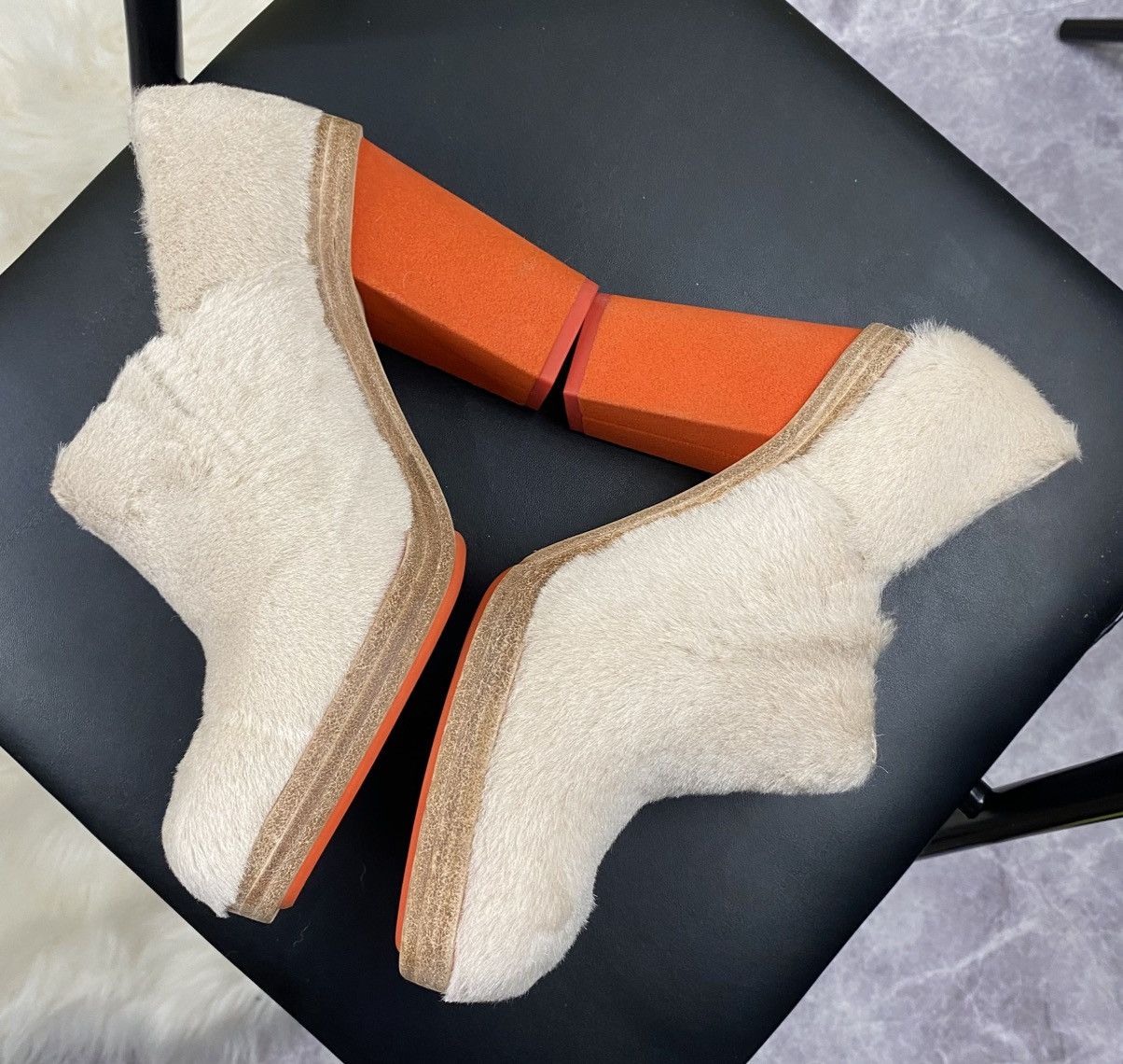 Eckhaus Latta Ugg x Eckhaus Latta Beige Fur Orange Cone Heels Mules Size US 7 / IT 37 - 4 Thumbnail