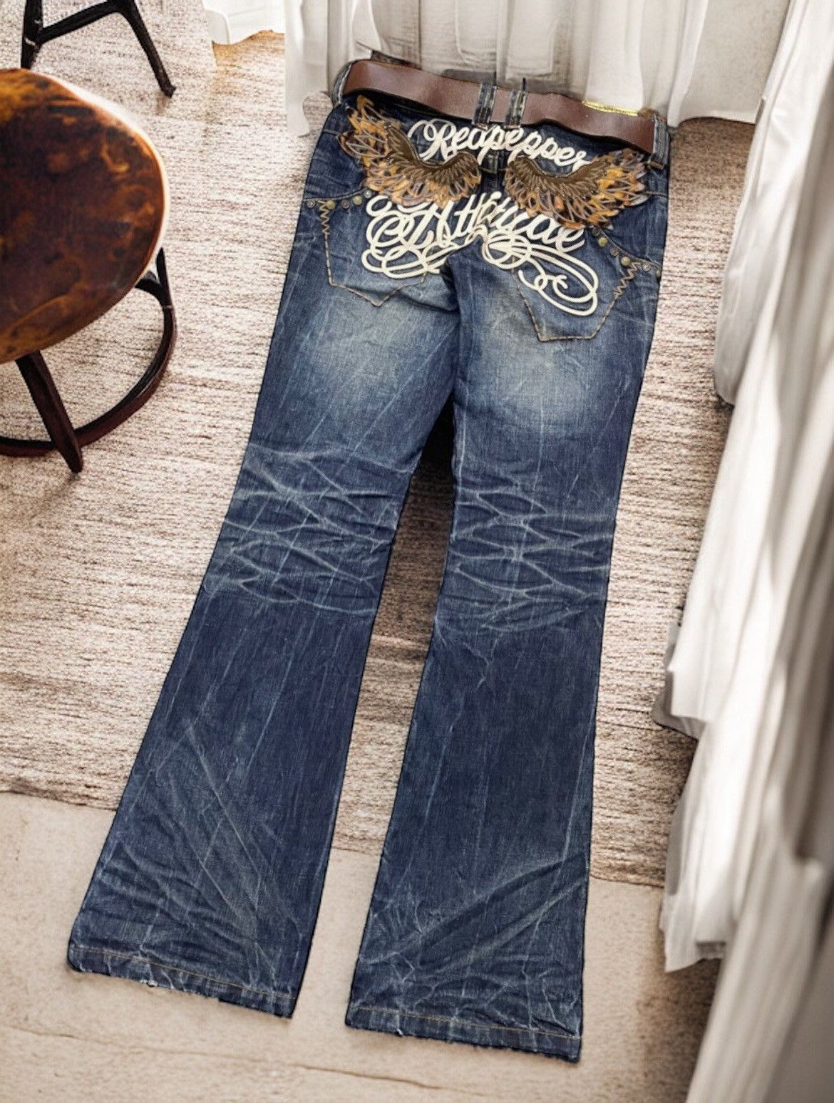 image of Affliction x Christian Audigier Y2K Redpepper Japan Leather Patches Denim With Leather Belt in Blue