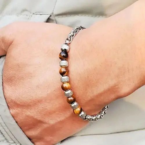 Handmade 6mm Brown Stone Beads Stainless Steel Bracelet Size ONE SIZE - 1 Thumbnail