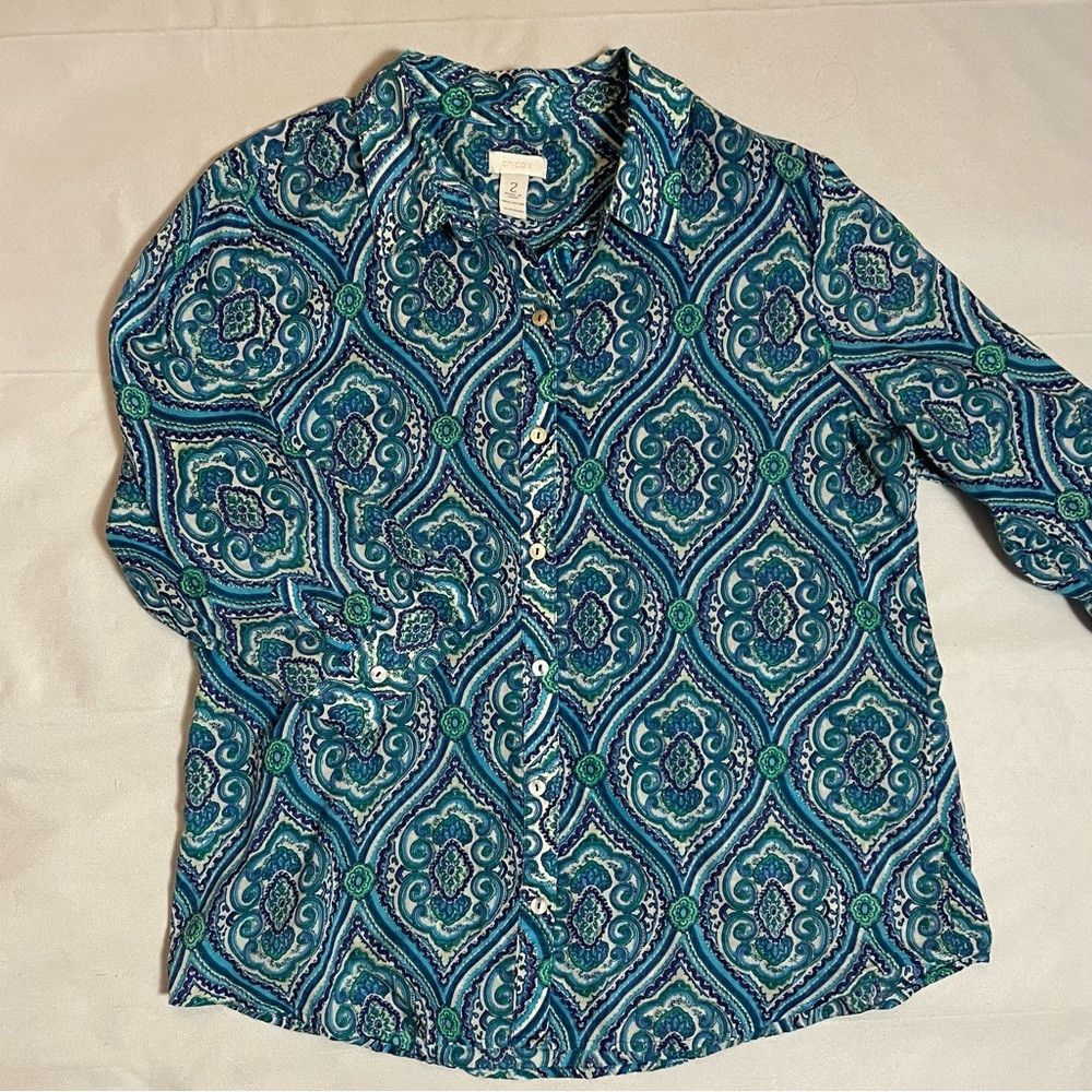 Chicos Chico's Blue Cotton 3/4 Sleeve Button Shirt Size 2 US L Size L / US 10 / IT 46 - 6 Thumbnail