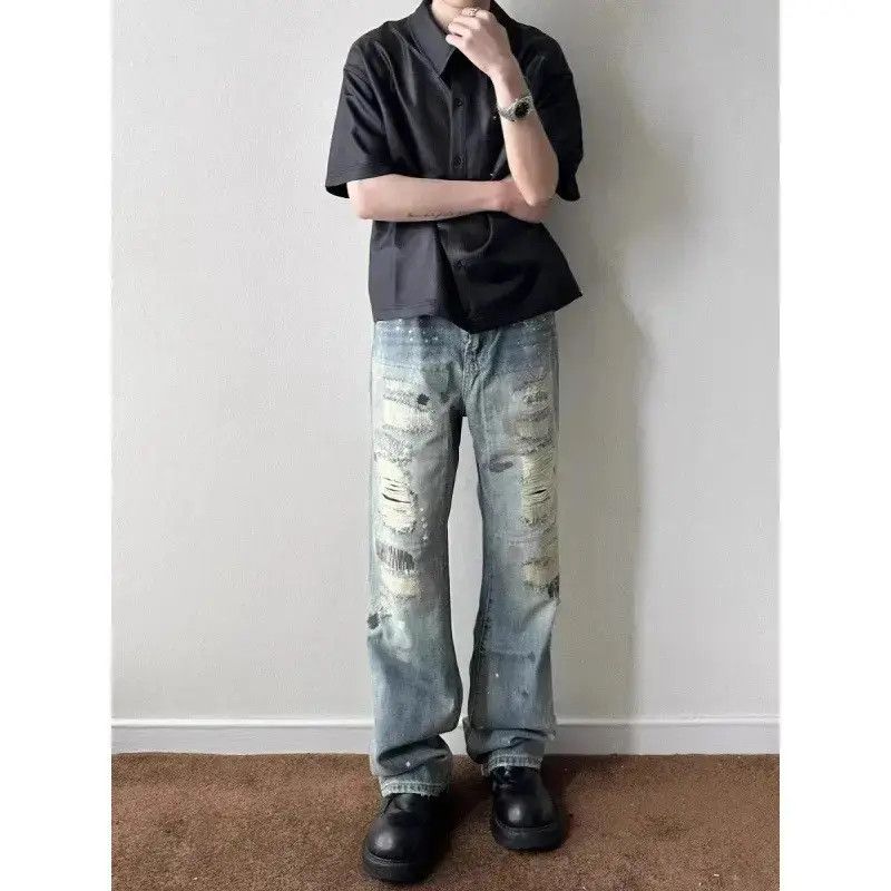 Japanese Brand Retro loose high street splashed ink ripped jeans Size US 32 / EU 48 - 1 Thumbnail