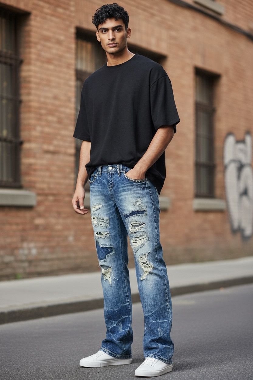 Japanese Brand 🔥FYE🔥Vtg MCD Studded Boro Patchwork Distressed Punk Denim Size US 31 - 2 Thumbnail