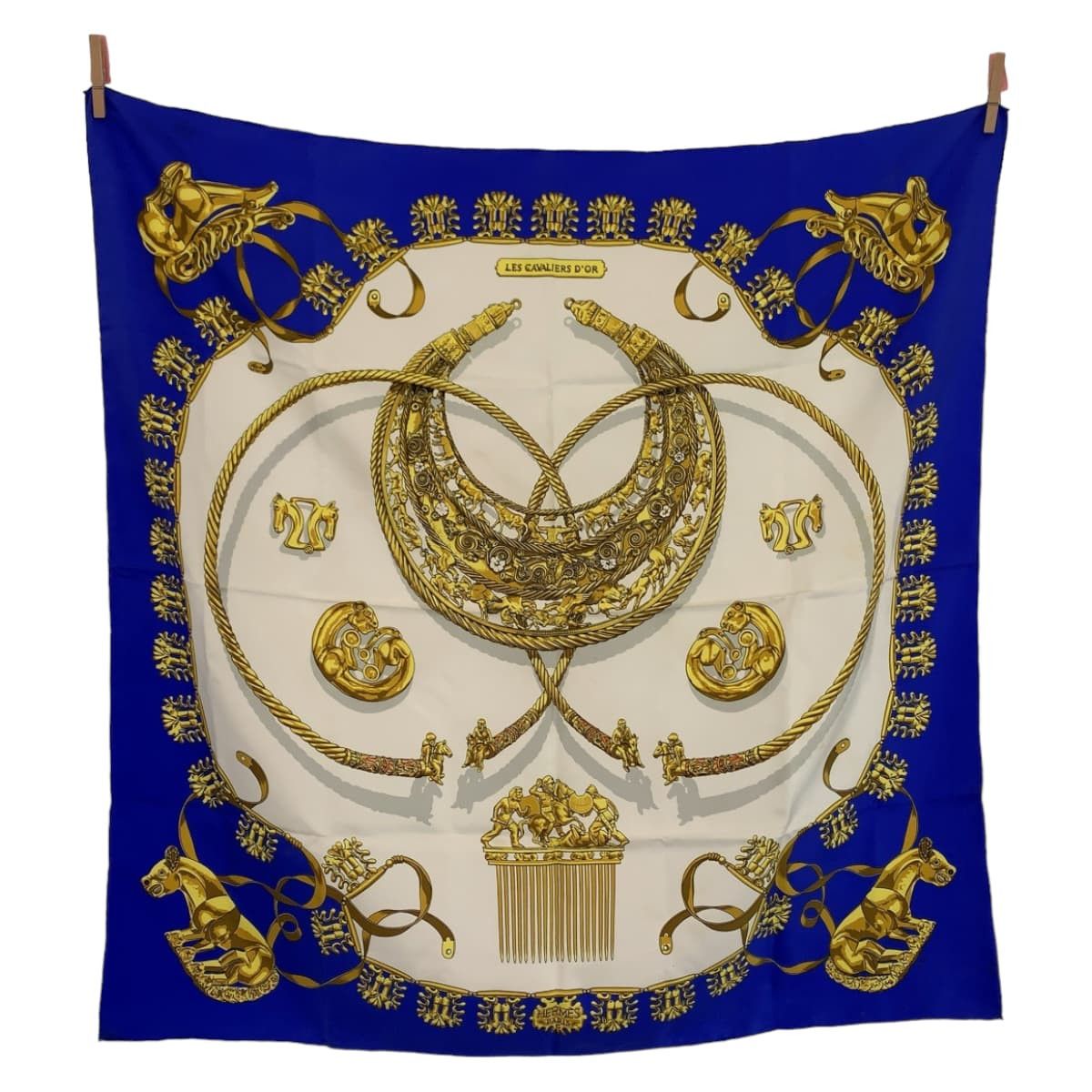 Hermes Hermes Silk Scarf LES CAVALIERS D'OR 90cm Canvas Scarf in Very Good Condition